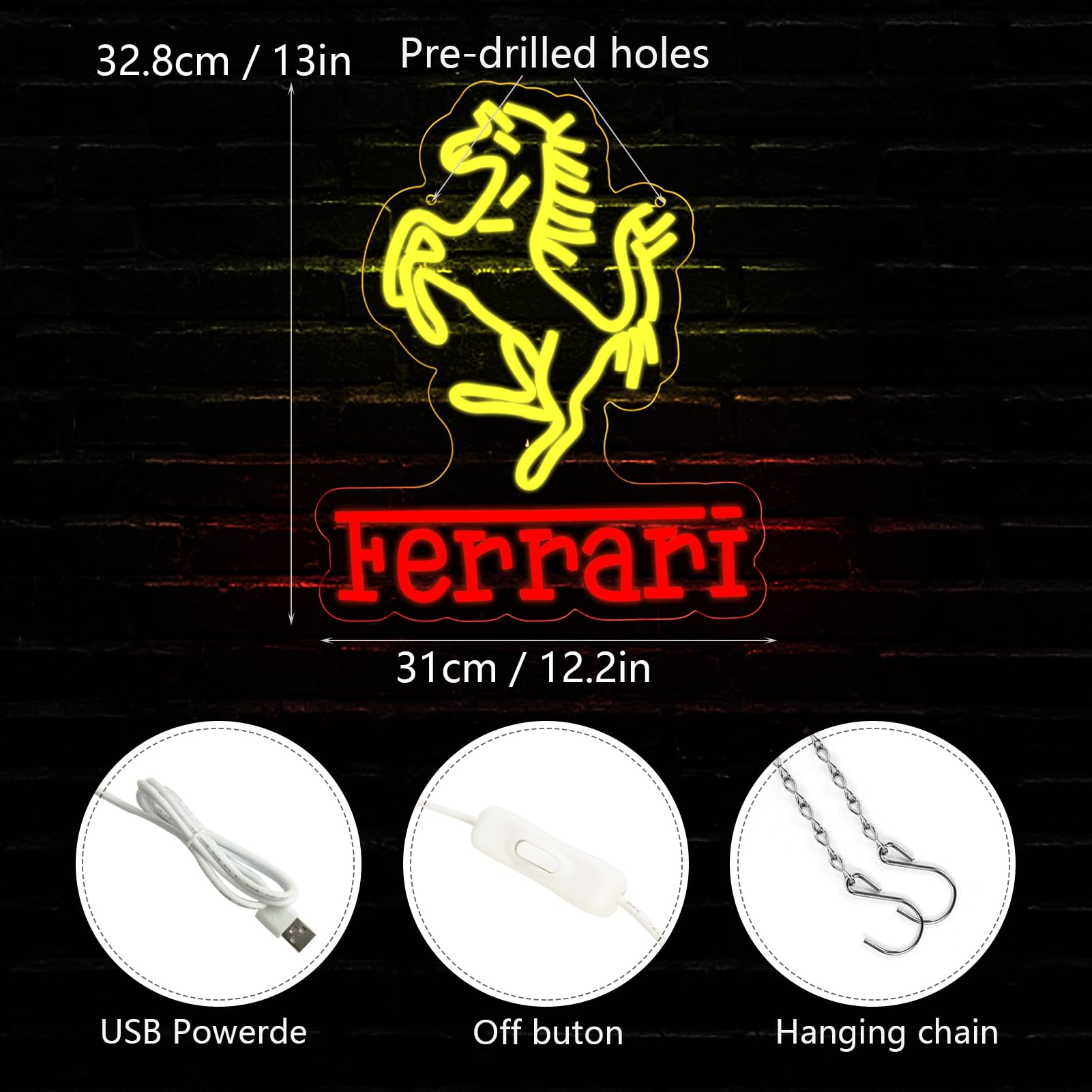 WonderfulLife Neon Car Logo Sign - LED Garage Decor, Ferrari Model, Plastic, Easy Hanging, Bright Light for Man Cave & Bar