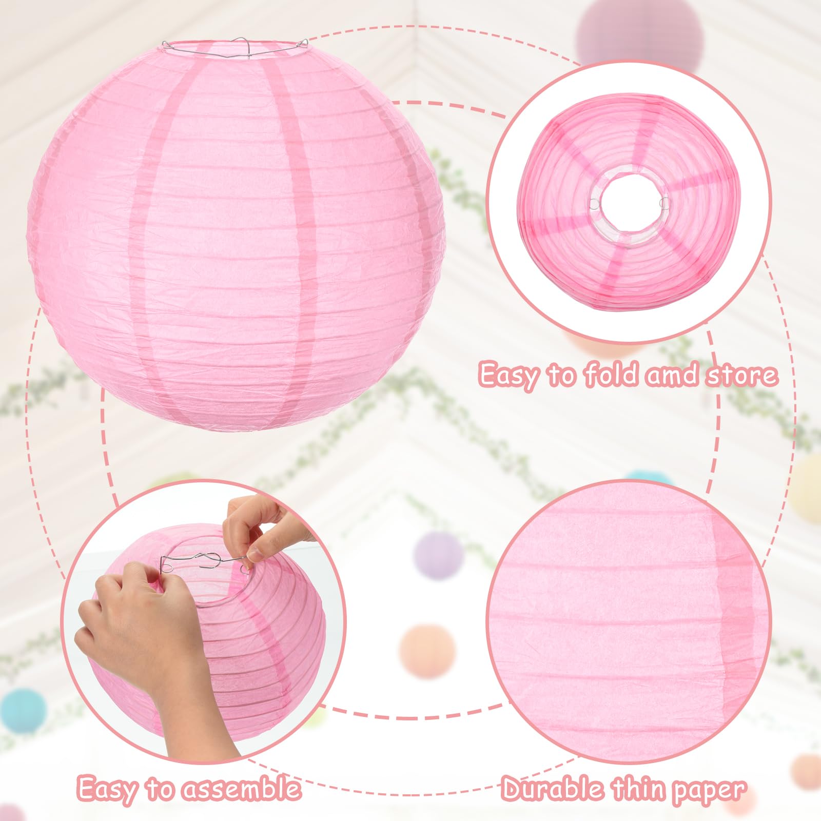Meccanixity 6Pcs Paper Lanterns Decorative, 6'' 8'' 12'' Pink Round Hanging Lantern Chinese Lanterns For Home Decor, Birthday, W