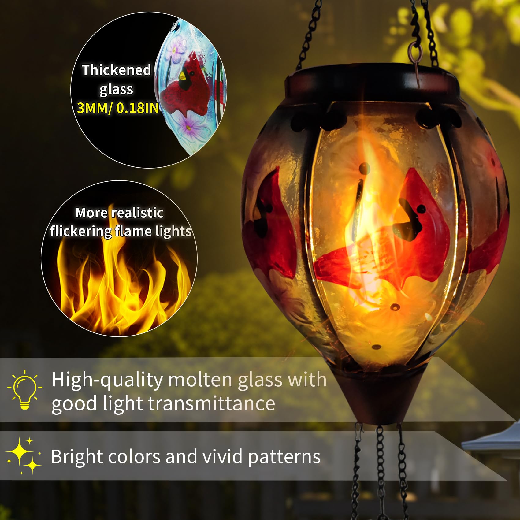 teyigarden Solar Lantern Glass Hot Air Balloon Flickering Light Waterproof Cardinal