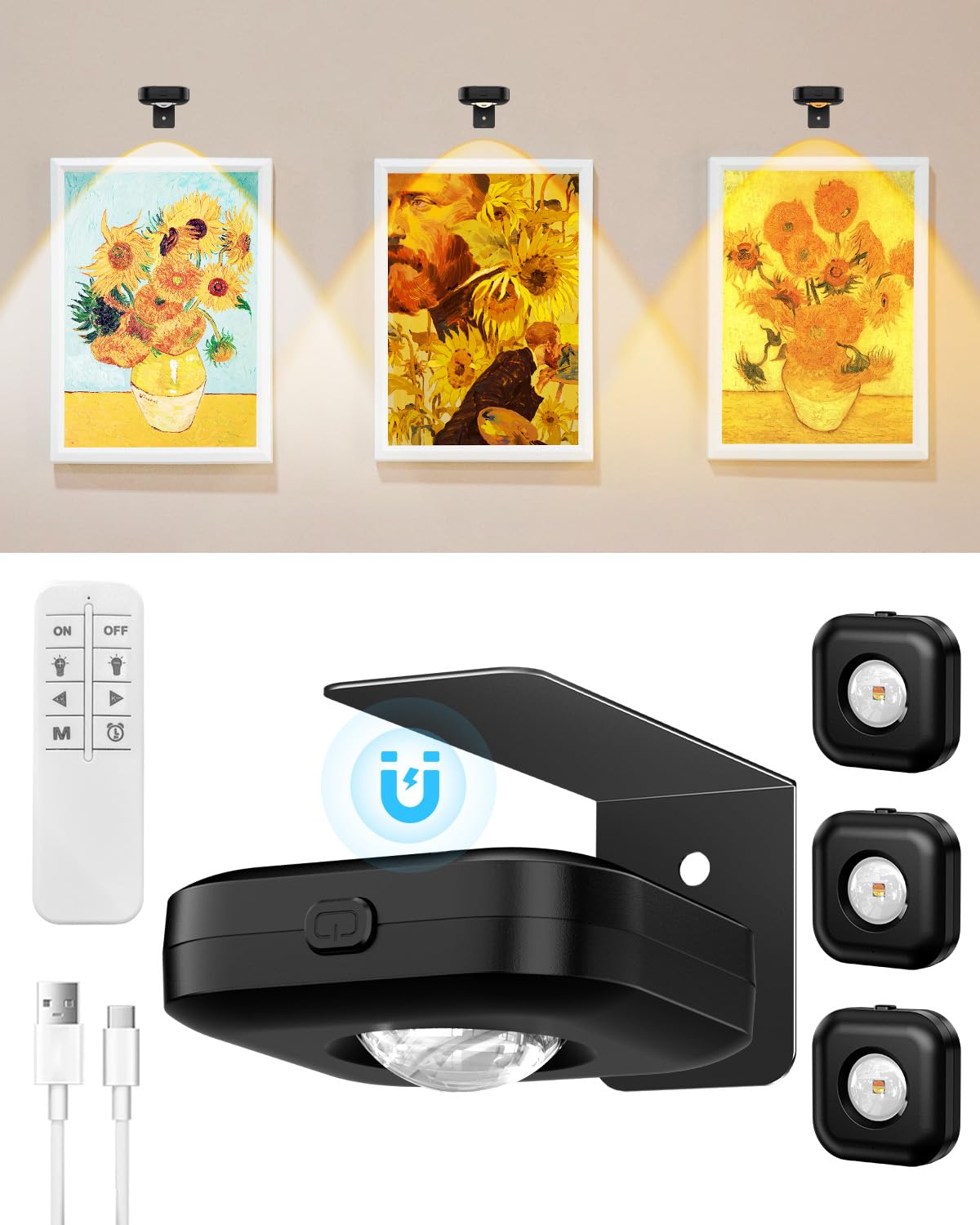 GOODEA.fun 4PCS Picture Lights for Wall,Rechargeable Battery Operated Wall Lights with Remote,Wireless Magnetic Painting Lights 
