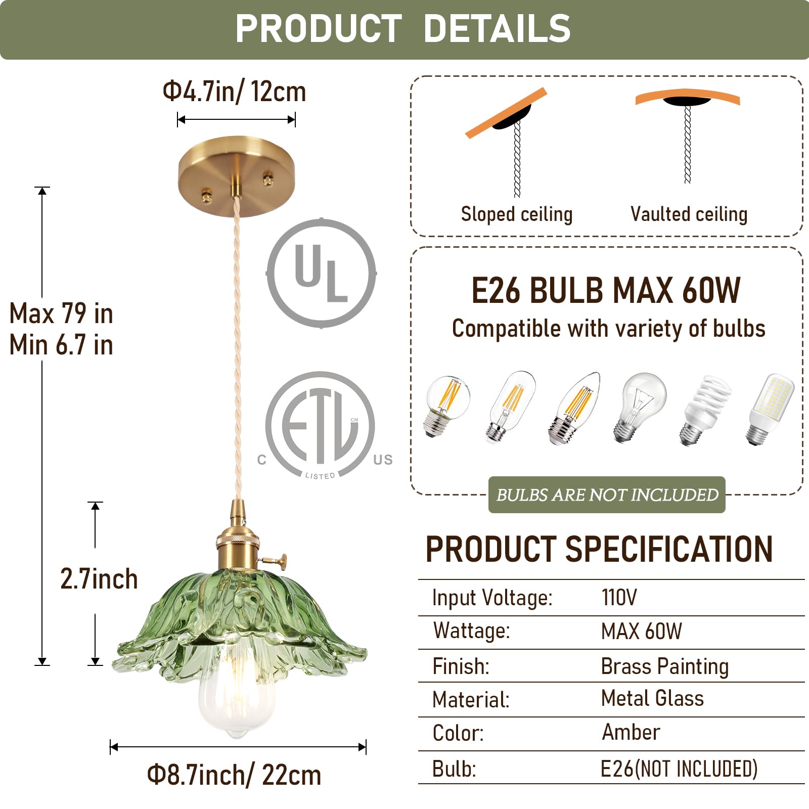 Loiogohot Glass Pendant Light Vintage Light Fixtures,Green Modern Chandelier Pendant,E26 Pendant Lights Kitchen Island,8.7 Inch