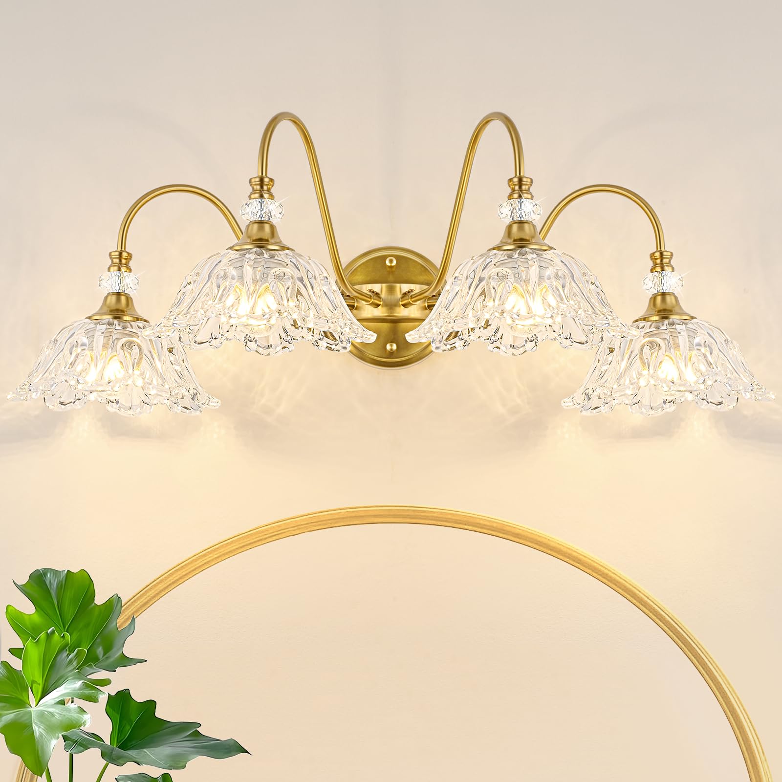 Sunkryster Gold Bathroom Vanity Light  4-Light Brushed Gold Finish Vanity Light With Floral Clear Glass Shades  Vintage Wall Mount Lighting For Bathroom  Dressing Table