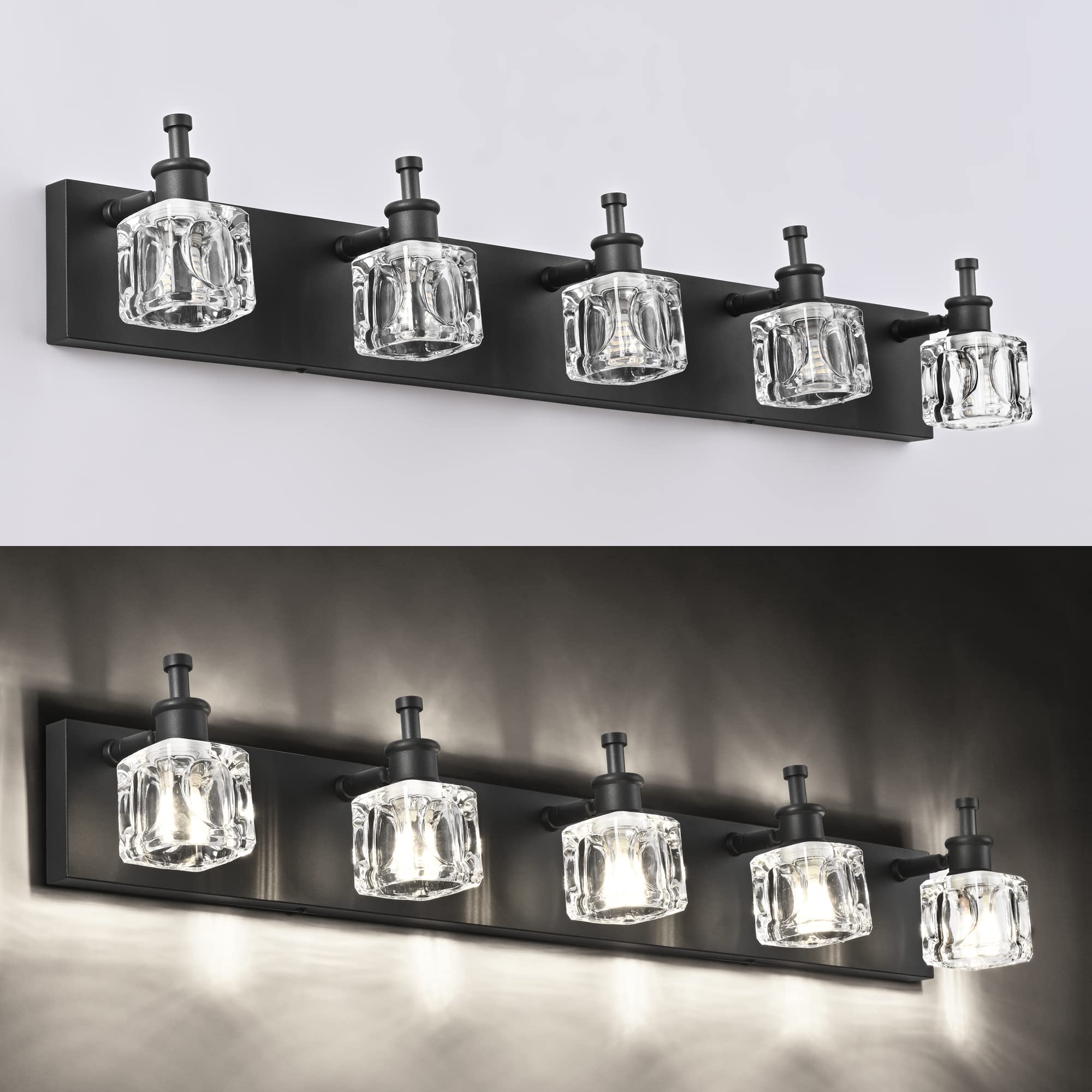 PRESDE Black Crystal Bathroom Vanity Light Fixture, 5-Lights, Metal Matt Black, Model HU-XI-201