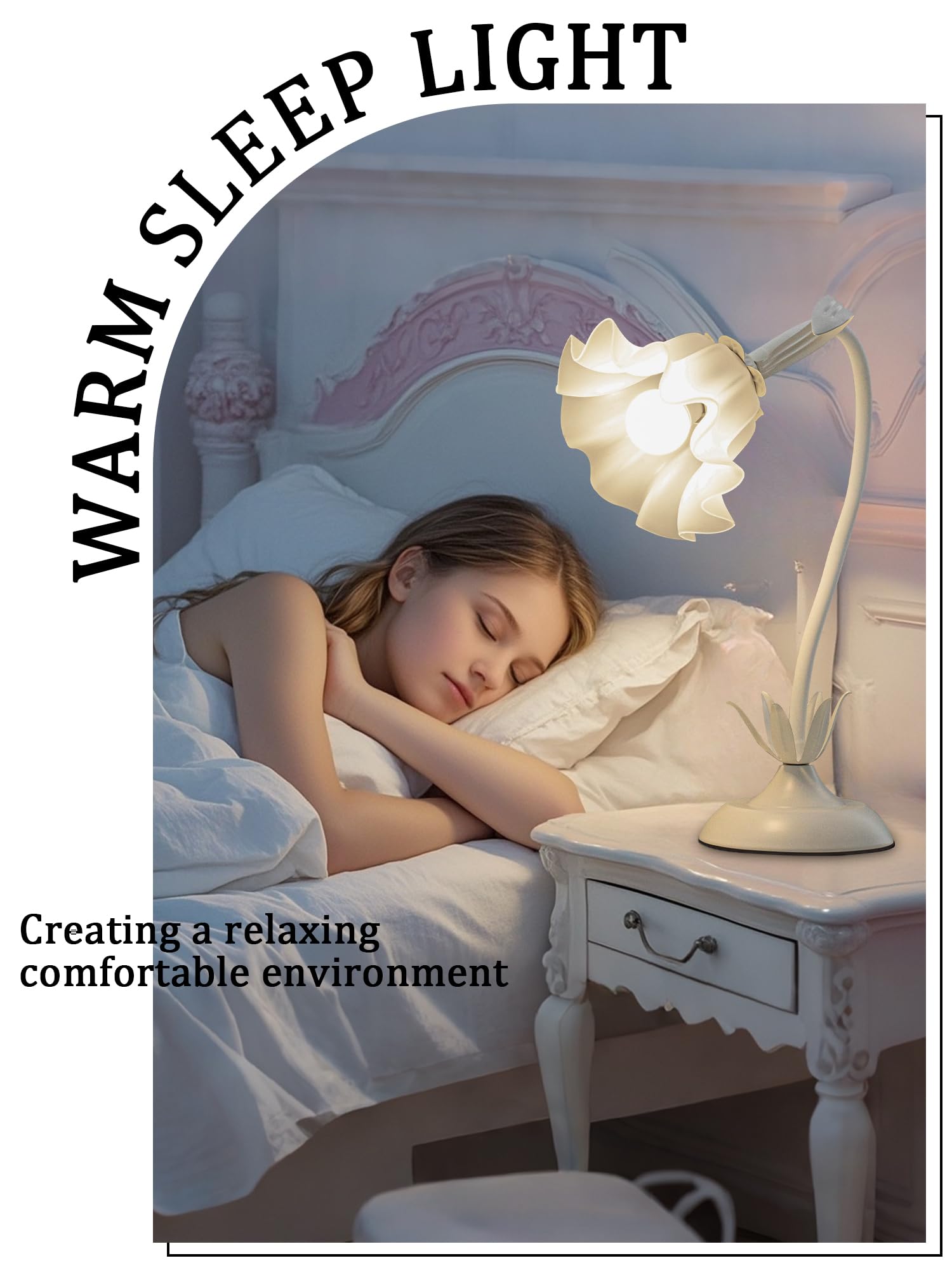 AQDZCNF Vintage Flower Table Lamp, LED Night Light, 3 Color Modes, White, Acrylic, Model MN-QBKR-AEJK-1-2