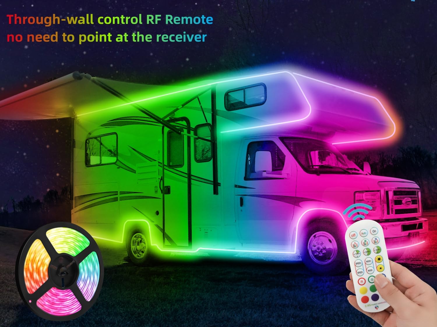 ROLiGHTiC RV Awning Lights Strip, 25FT Multi-Color LED, APP & RF Control, Model RO49U605777, Polycarbonate Material