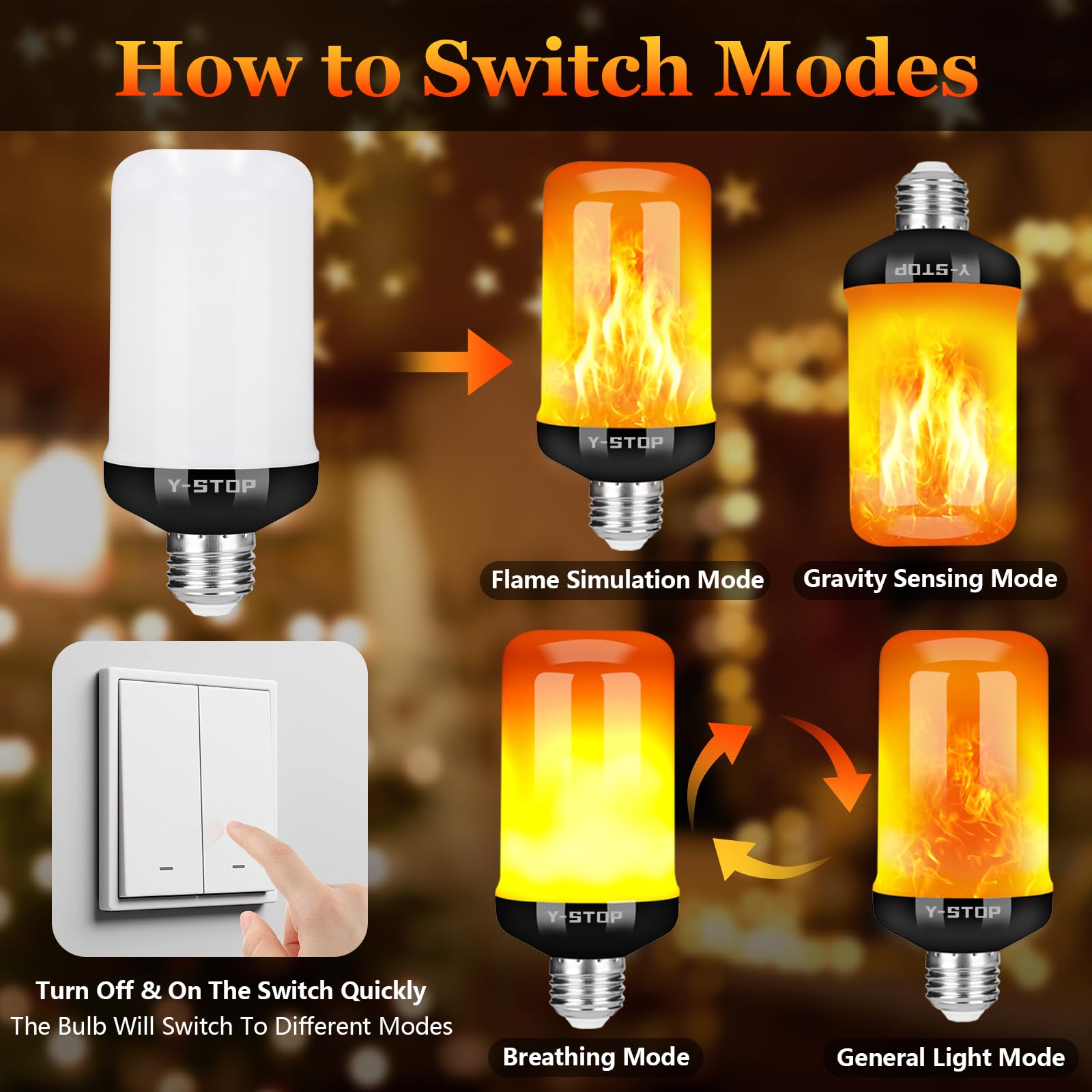 Y- STOP LED Flame Light Bulbs, 4 Modes Flickering Effect, E26 Base, 2 Pack, Plastic for Halloween & Home Decor
