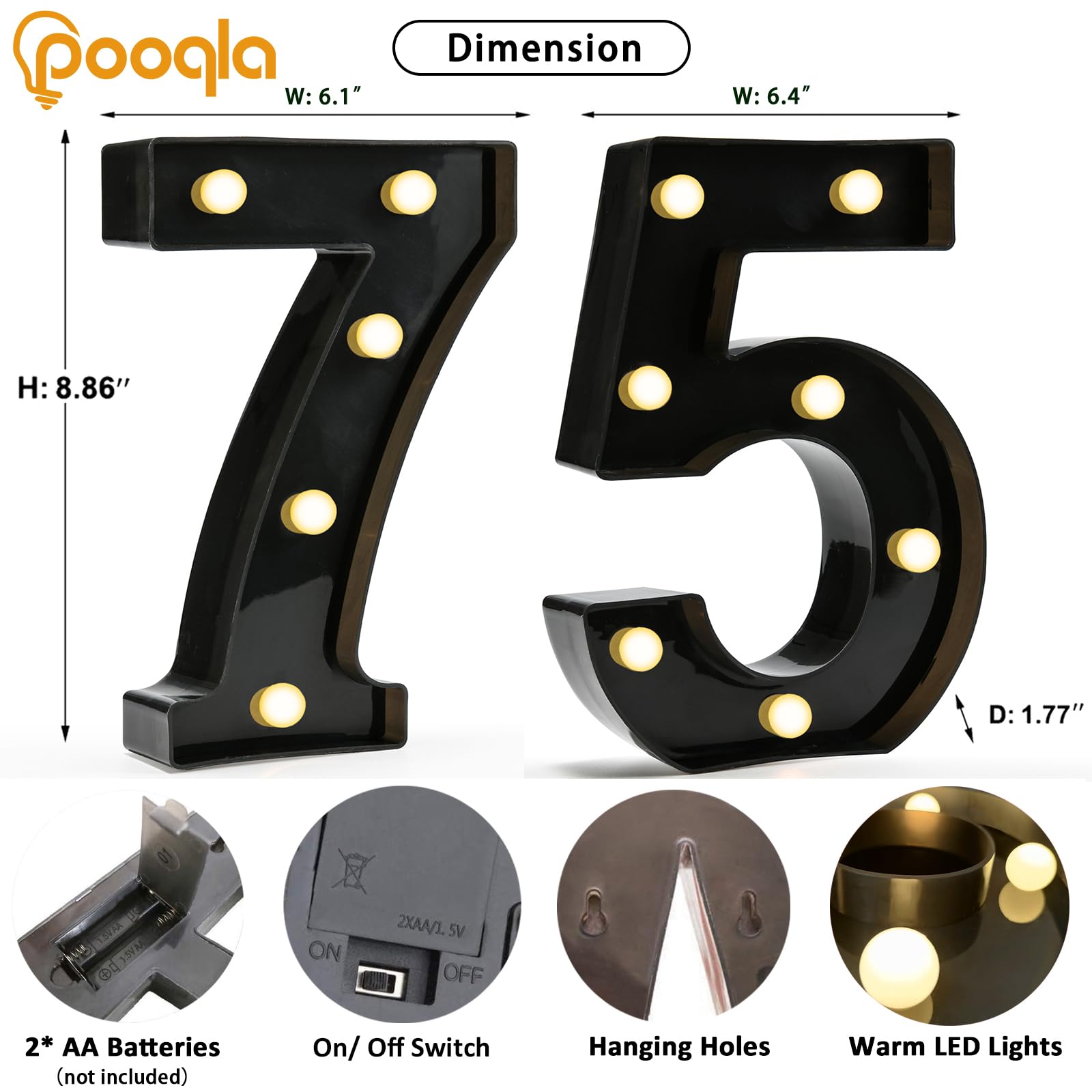 Pooqla Decorative Led Light Up Number Letters, Black Plastic Marquee Number Lights Sign For 75Th Birthday Party Wedding Decor Battery Operated Black Number 75