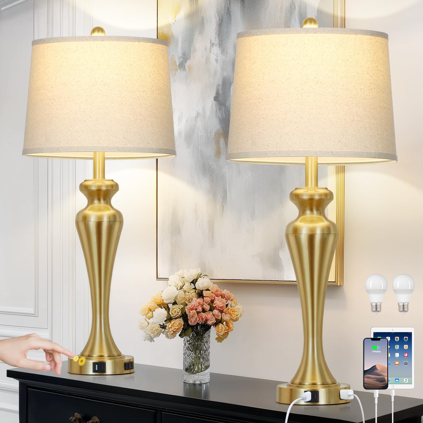 CINSARY 30 Tall Gold Table Lamps Set of 2 for Living Room  Touch Control Bedside Lamps for Nightstand  3-Way Dimmable Bedroom Lamp with USB A+C Ports and AC Outlet  Metal Brass Table Lamp