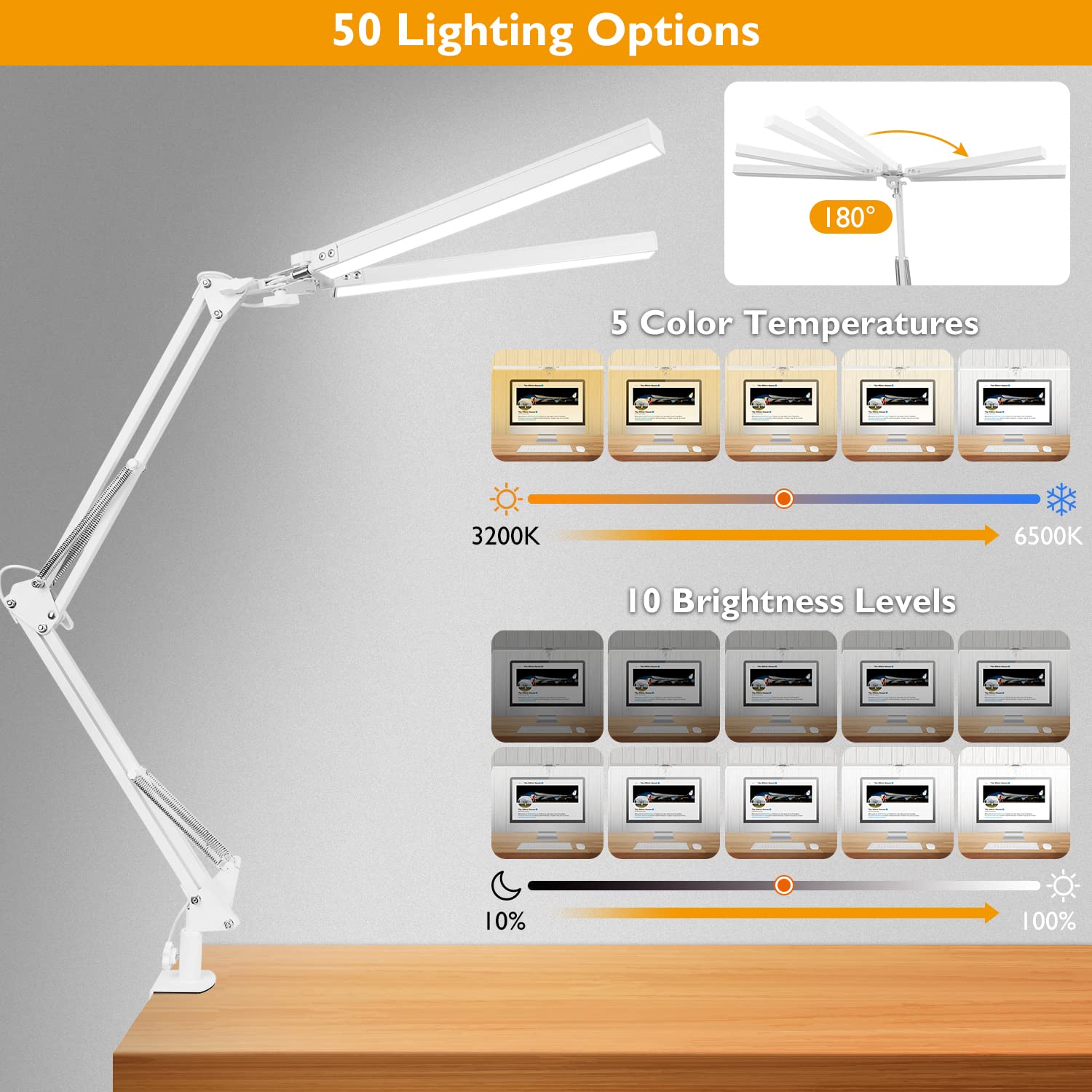 Jostic Led Desk Lamp With Clamp, Super Bright Double Head Desk Lamps For Home Office, 5 Color Modes, 10%~100% Dimmable Brightnes