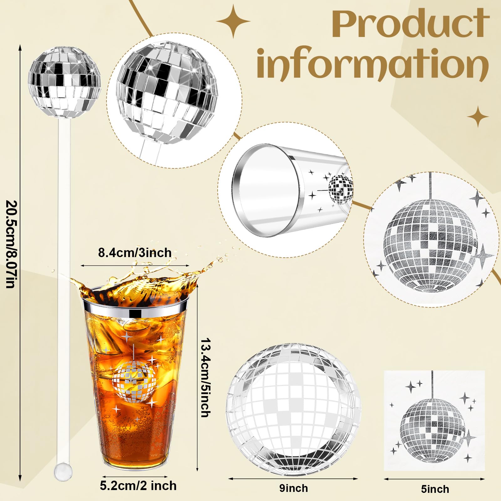 Meanplan 70s Disco Party Supplies Set, 101 Pieces, Silver Disposable Plates, Napkins, Cups, Table Runner, Cocktail Stirrers