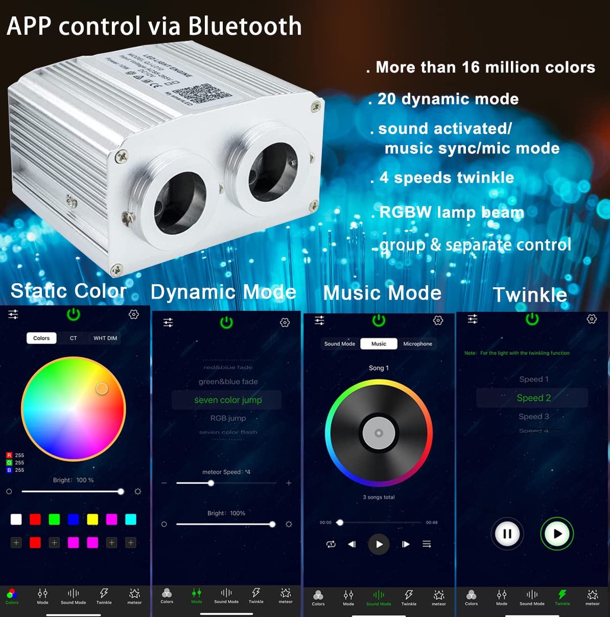 Azimom Dual Port 16W Twinkle Fiber Optic Starlight Box Sound Activated Rgbw Fiber Optic Light Source App/Remote Control Dual Head Light Engine Driver For Car Home Ceiling Star Lighting Decor