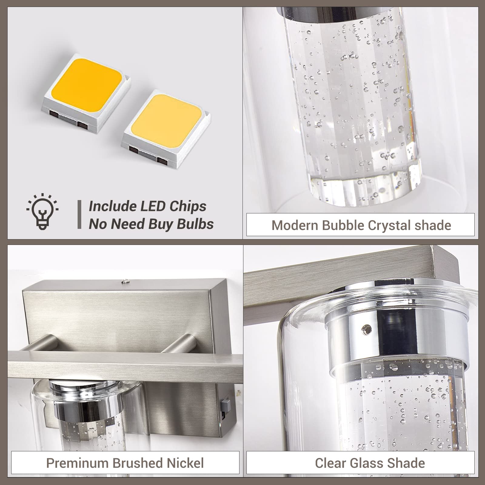 Stambord Bathroom Vanity Light Fixture, 3-Light Brushed Nickel, Dimmable LED with Crystal Bubble & Clear Glass