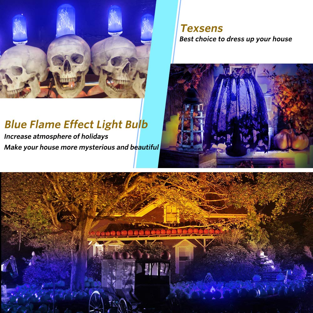 Texsens LED Blue Flame Effect Light Bulbs - 4 Modes Flickering Fire Flame with Upside-down Effect, Simulated Decorative Lights V