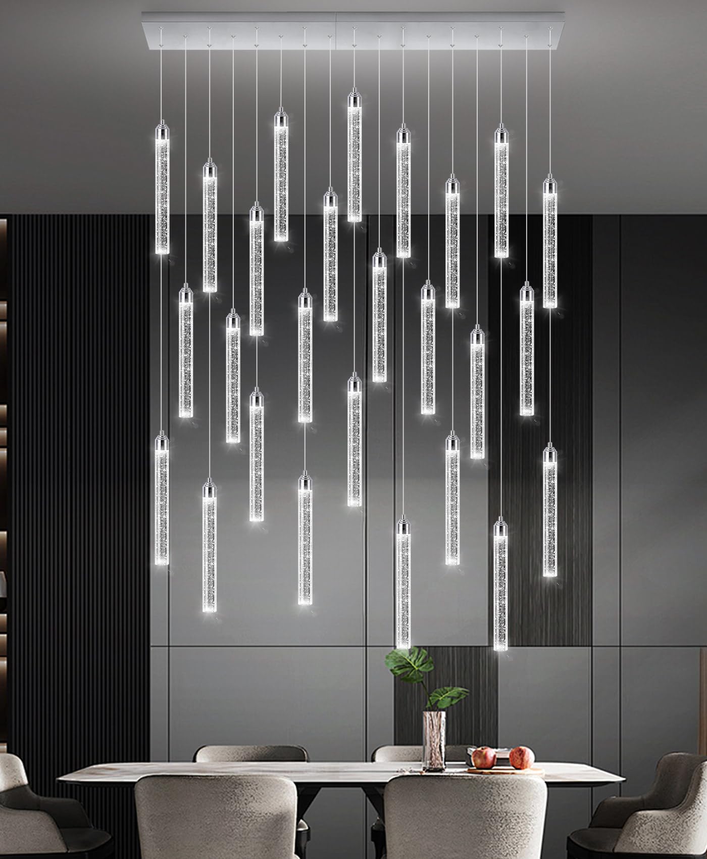 Dolria Rectangular 26-Light LED Dimmable Chandelier Fixture, Silver Metal for Entryway, Living Room, Foyer, Hallway, Model PC0008-CT-26Y