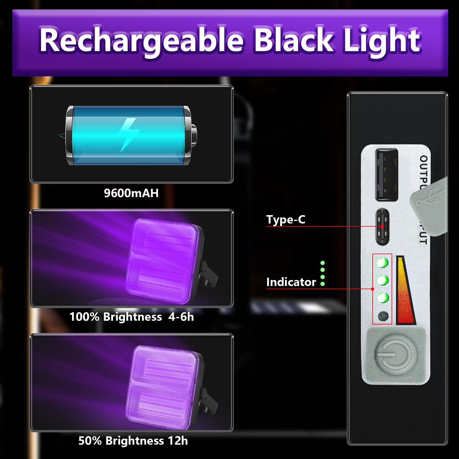Benss Rechargeable Led Uv Black Lights, 100W 395Nm 9600 Mah Battery Powered Blacklight, Ip65 Waterproof, Portable For Glow Party, Stage Lighting, Halloween, Body Paint, Fluorescent Poster, Neon Glow