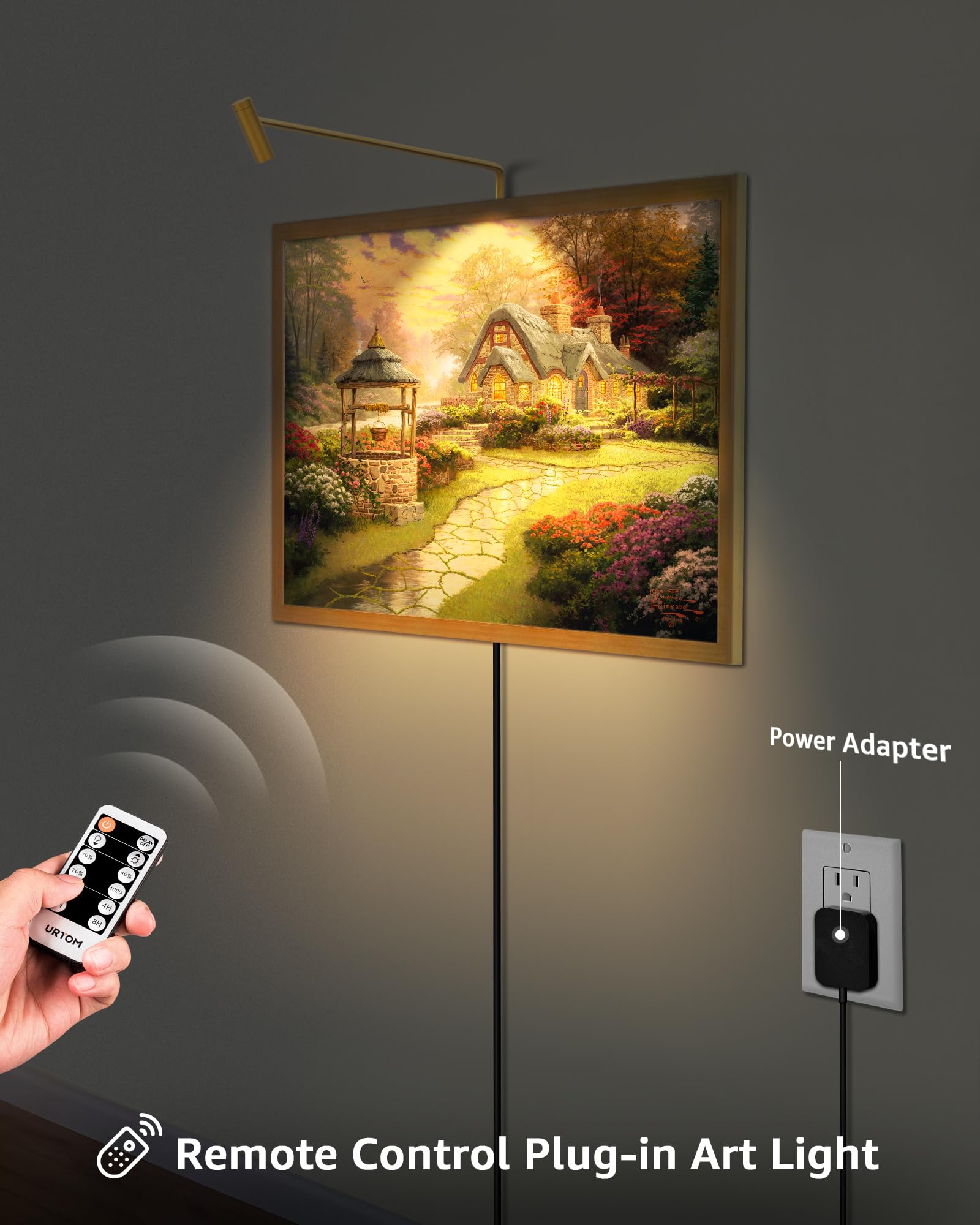URTOM Brass Picture Light - LED Art Lighting with Remote Control & Timer, 3000K Warm White, Model PALA01HT