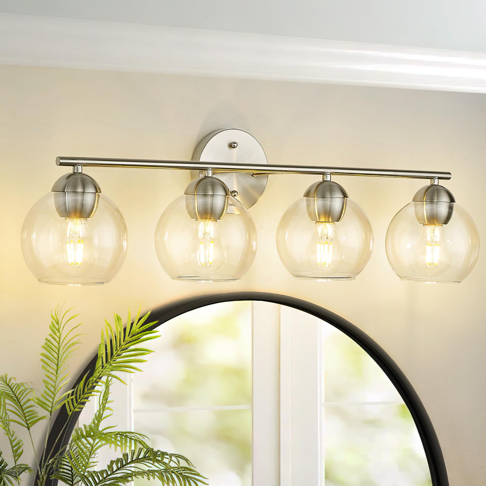 Emak Mak 4-Light Bathroom Vanity Light  29 Inch Brushed Nickel Bathroom Light  Globe Vanity Lighting With Clear Glass Shade For Bath  Vl114-Bn-4