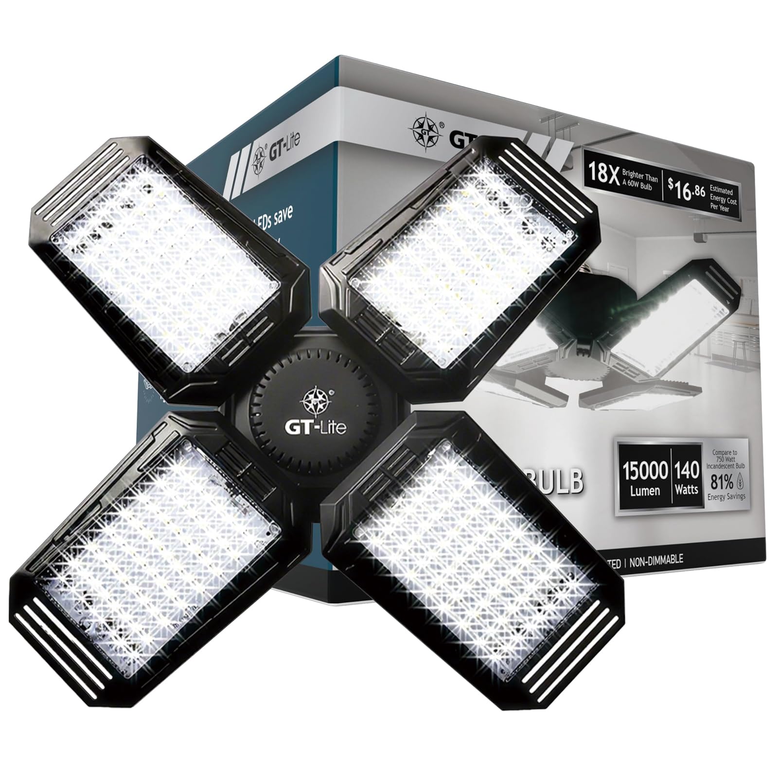15,000 Lumen LED Adjustable 4 Panel Bulb, Uses Only 140W, Daylight, E26 Base, LED Garage Light for Indoors Workshop Warehouse
