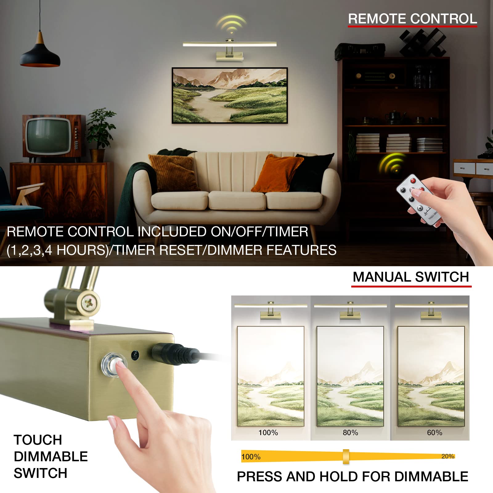 FUNCHDAY Wireless Picture Light, Dimmable, 16in Full Metal Art Light, Rechargeable, Antique Brass, Model FC80109AB