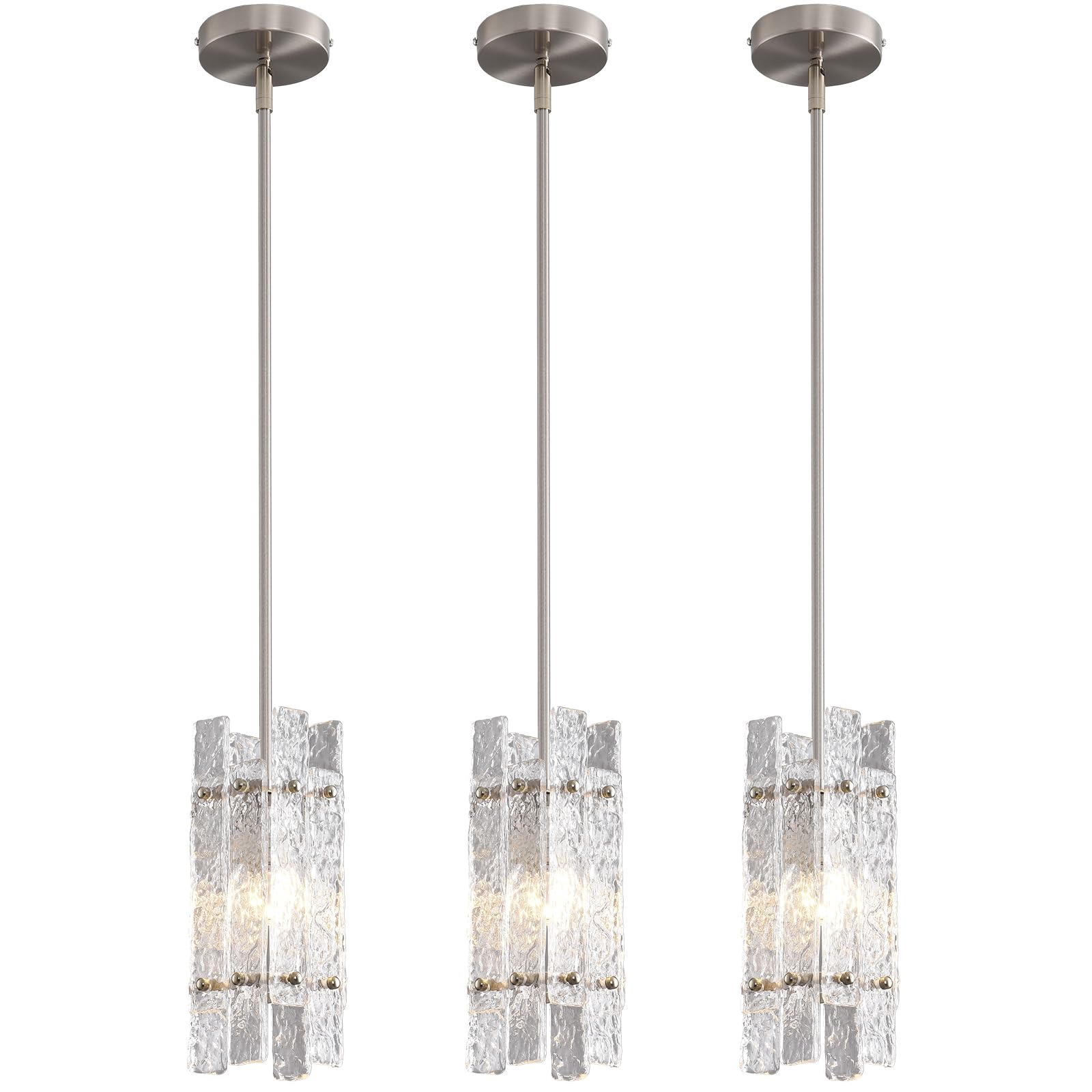 Modern Crystal Pendant Light for Kitchen Island  Brushed Nickel Elegant Mini Water Ripple Glass Chandelier Lights Fixture  Square Adjustable Hanging Pendant Lighting for Dining Room Bedroom (3-Pack)