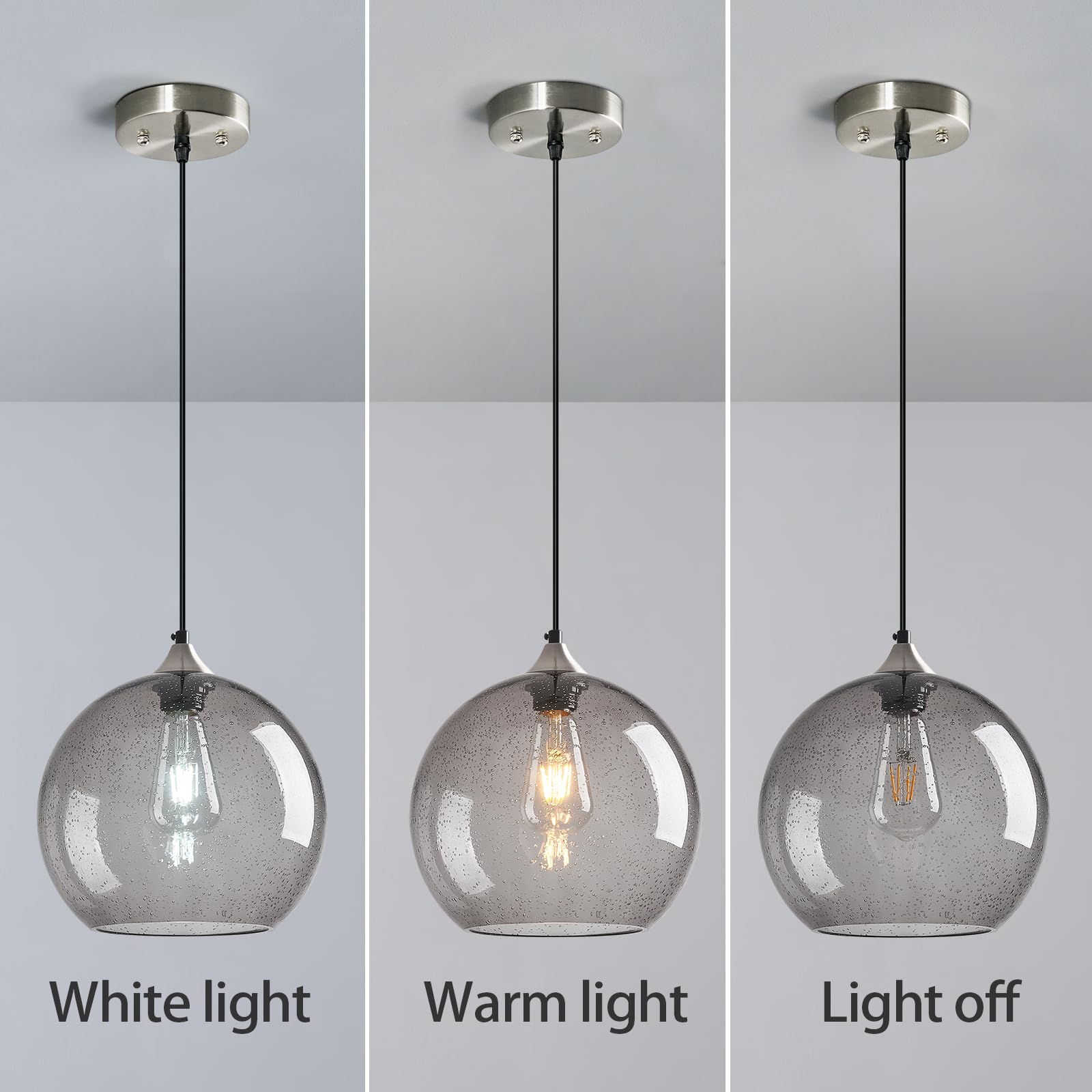 Lbsqj Light Grey Glass Pendant Lights Kitchen Island Globe Pendant Light Fixtures Modern Pendant Lighting For Bedroom Living Dining Room Light Fixture (9.84 In  3 Pack)