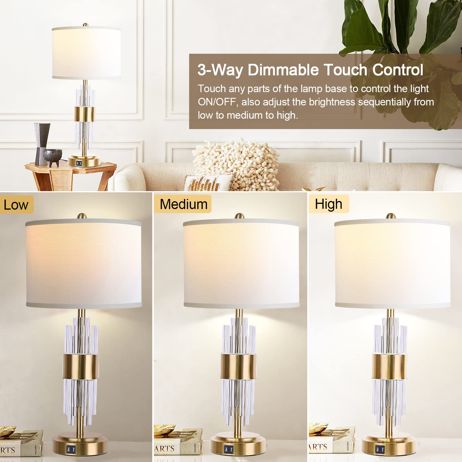 QiMH Gold Table Lamp with USB Ports, Touch Control, Modern Design, Single Pack, White Shade, Model STR-DL-0096