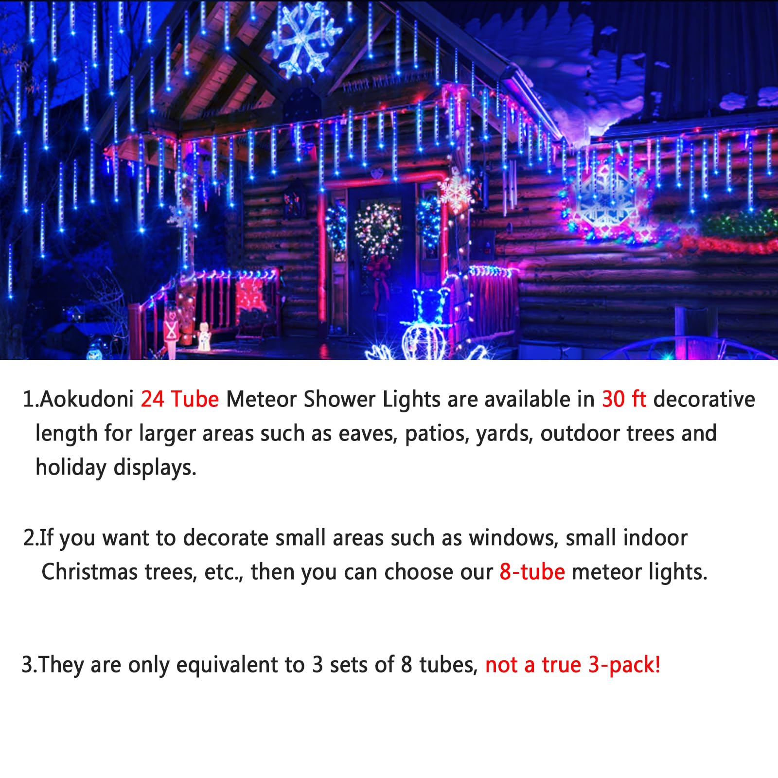 Outdoor Christmas Decorations, 24 Tubes(Equivalent To 3 Sets Of 12Inch 8-Tubes) Meteor Shower Lights Snow Falling Icicle Christm