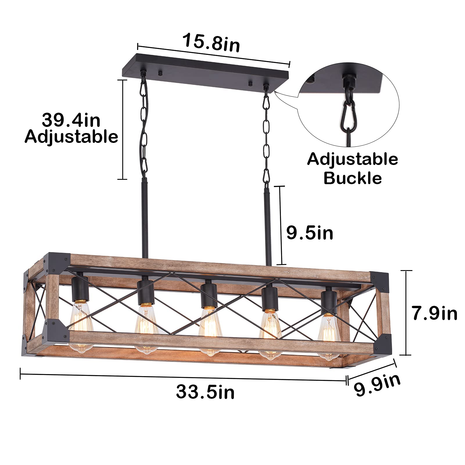 Airposta Farmhouse Linear Chandelier, 33.5" 5-Light Pendant Light, Rustic Wood Grain Finish, Brown, for Dining Room and Pool Table