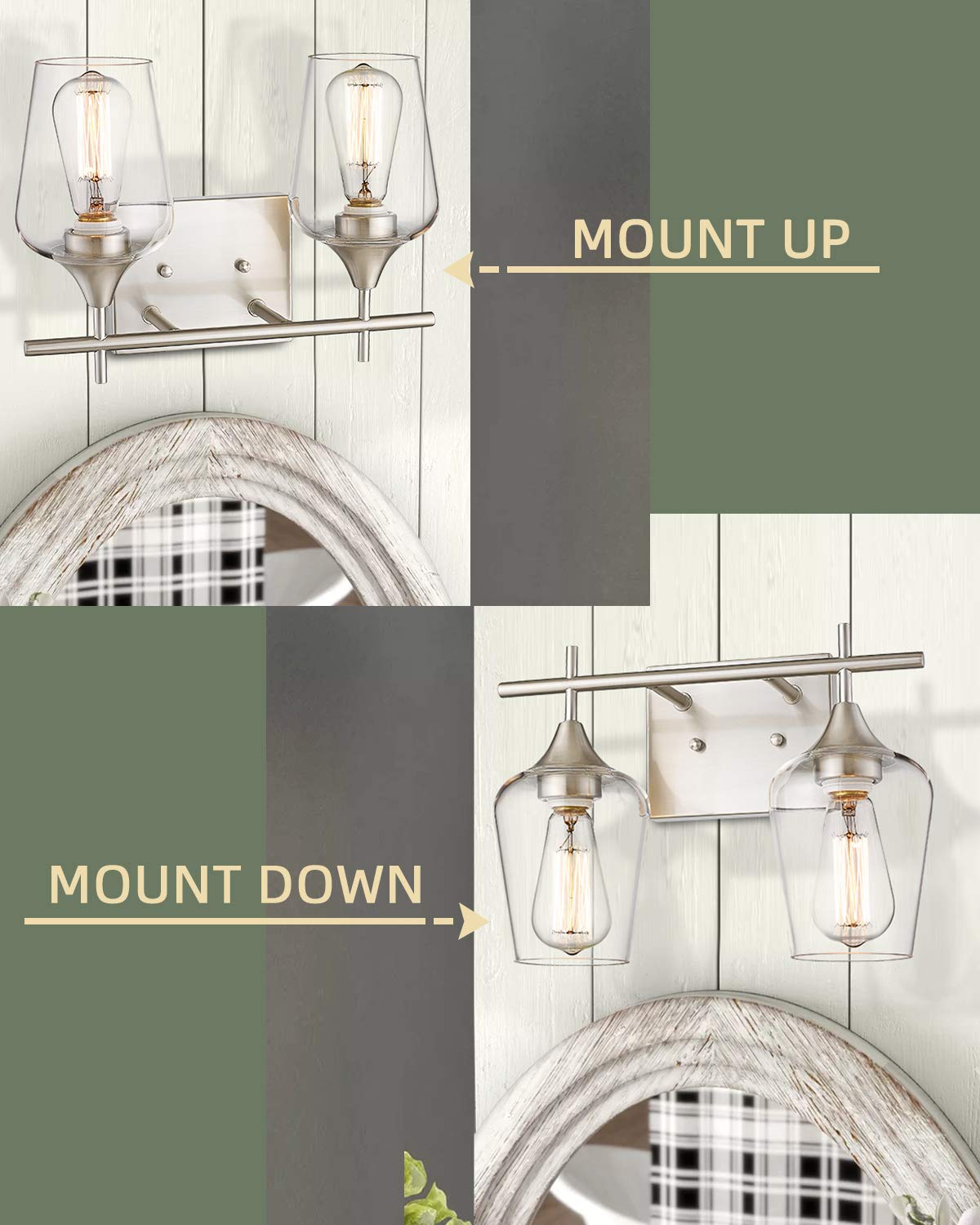 Osimir 2 Lights Bathroom Light Fixture, 15 Inch Brushed Nickel Bathroom Vanity Lights Over Mirror, Modern Farmhouse Bath Wall Sc