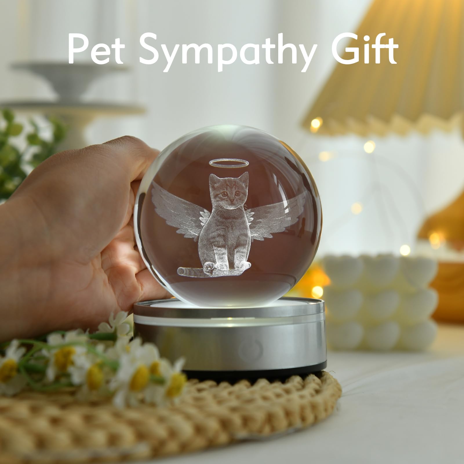 Ifolaina Cat Memorial Gifts 3D Cat Angel Crystal Ball For Cat Lovers Laser Engraved Glass Ball Pet Sympathy Gift For Loss Of Cat