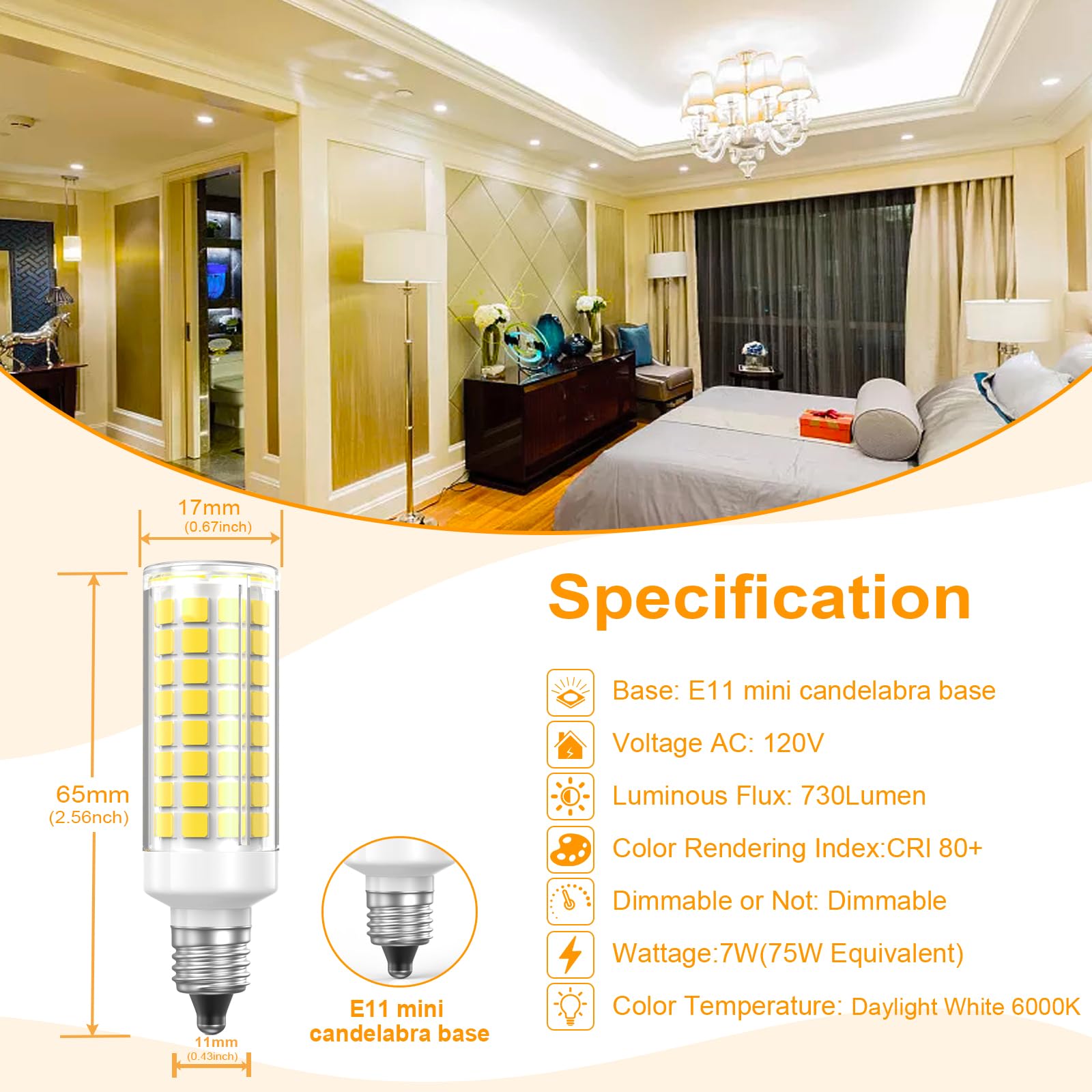 E11 Led Light Bulbs Dimmable 7W Equivalent To Halogen Bulb 75W-80W 730Lm, E11 Mini Candelabra Base Jd T3 T4 Corn Light Bulb Ac 1