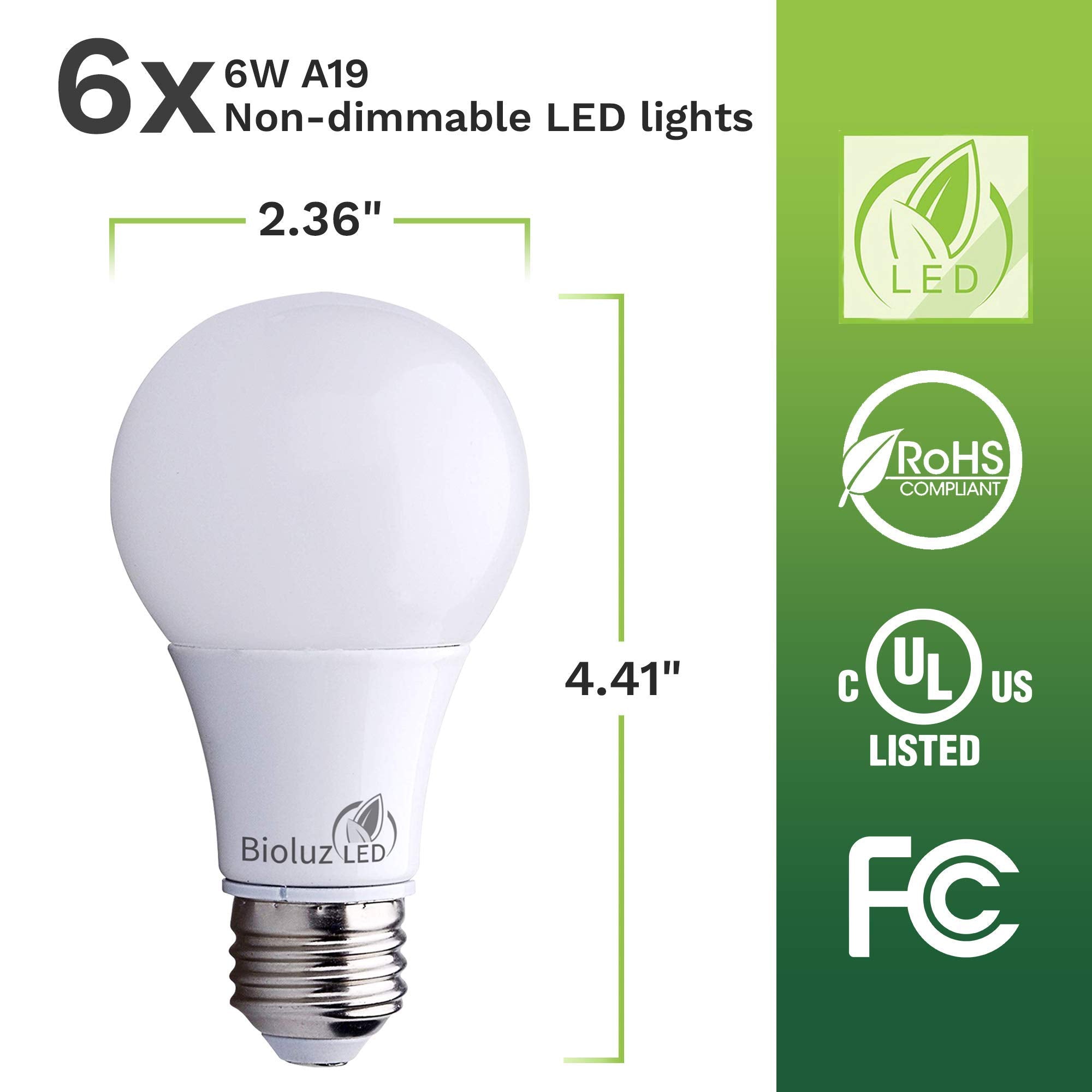 Bioluz LED A19 Light Bulbs, 40W Equivalent, 4000K Cool White, 6 Pack, Plastic Lens