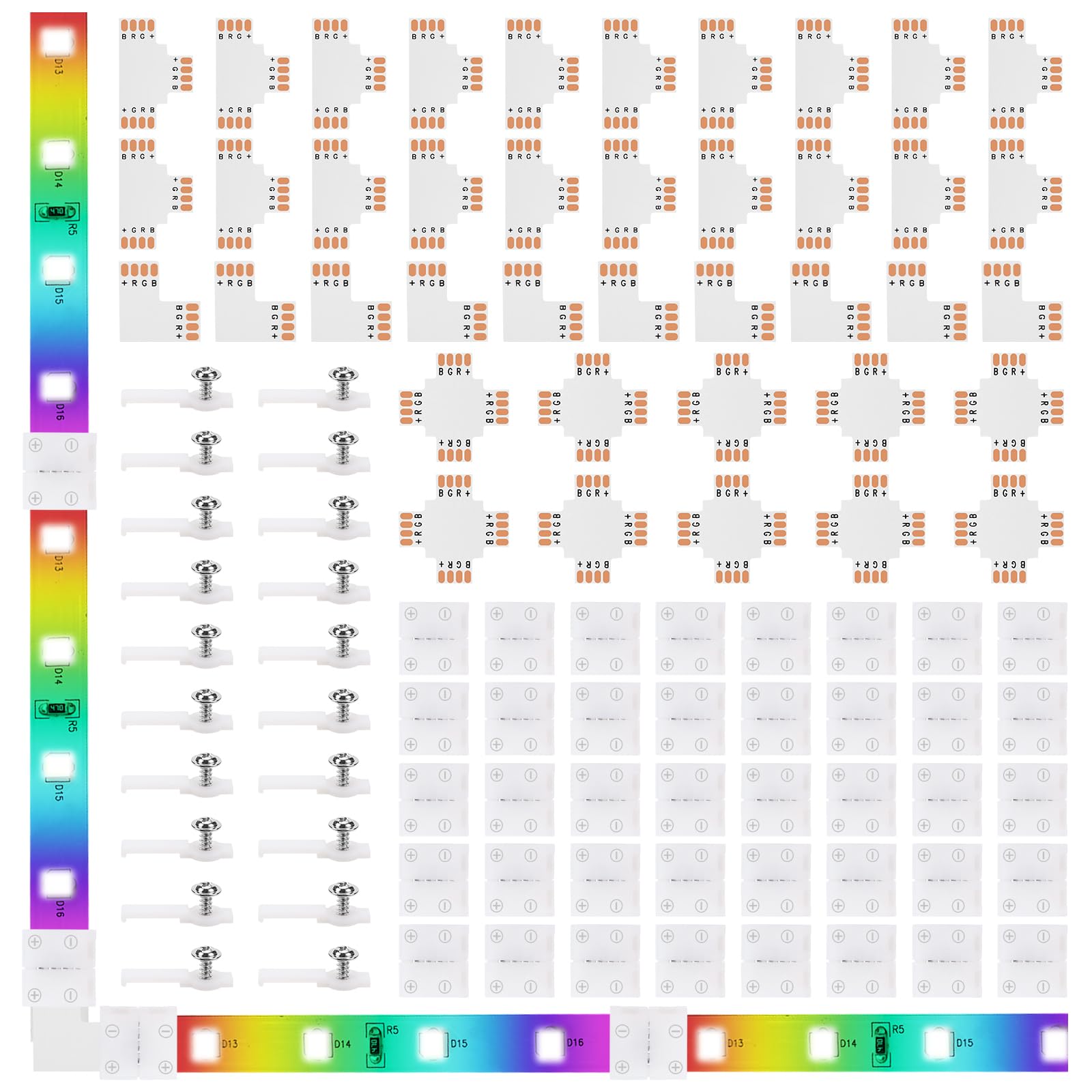 4-Pin 10Mm Rgb Led Light Strip Connectors, 100 Pieces Solderless And Gapless Adapter Terminal, Incl. Screw Clips, Cuttable T, L And X Shape For Smd 5050 Rgb Led Strips Extension And Connection