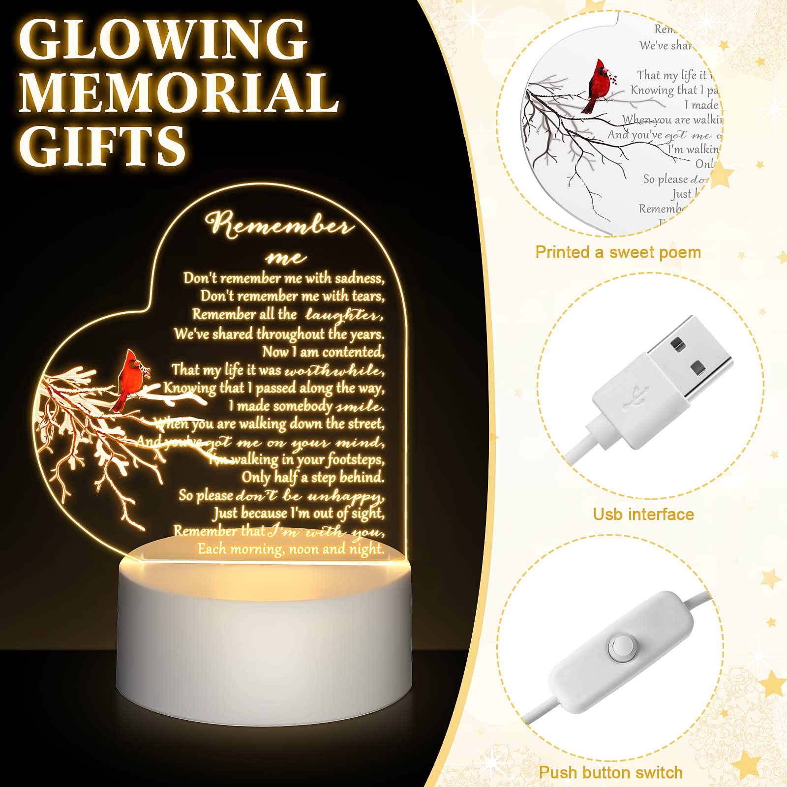 Coume Memorial Gift Night Light Clear Crystal Acrylic Heart Sympathy Gifts Sign Led Light Remembrance Bereavement Decor Condolen