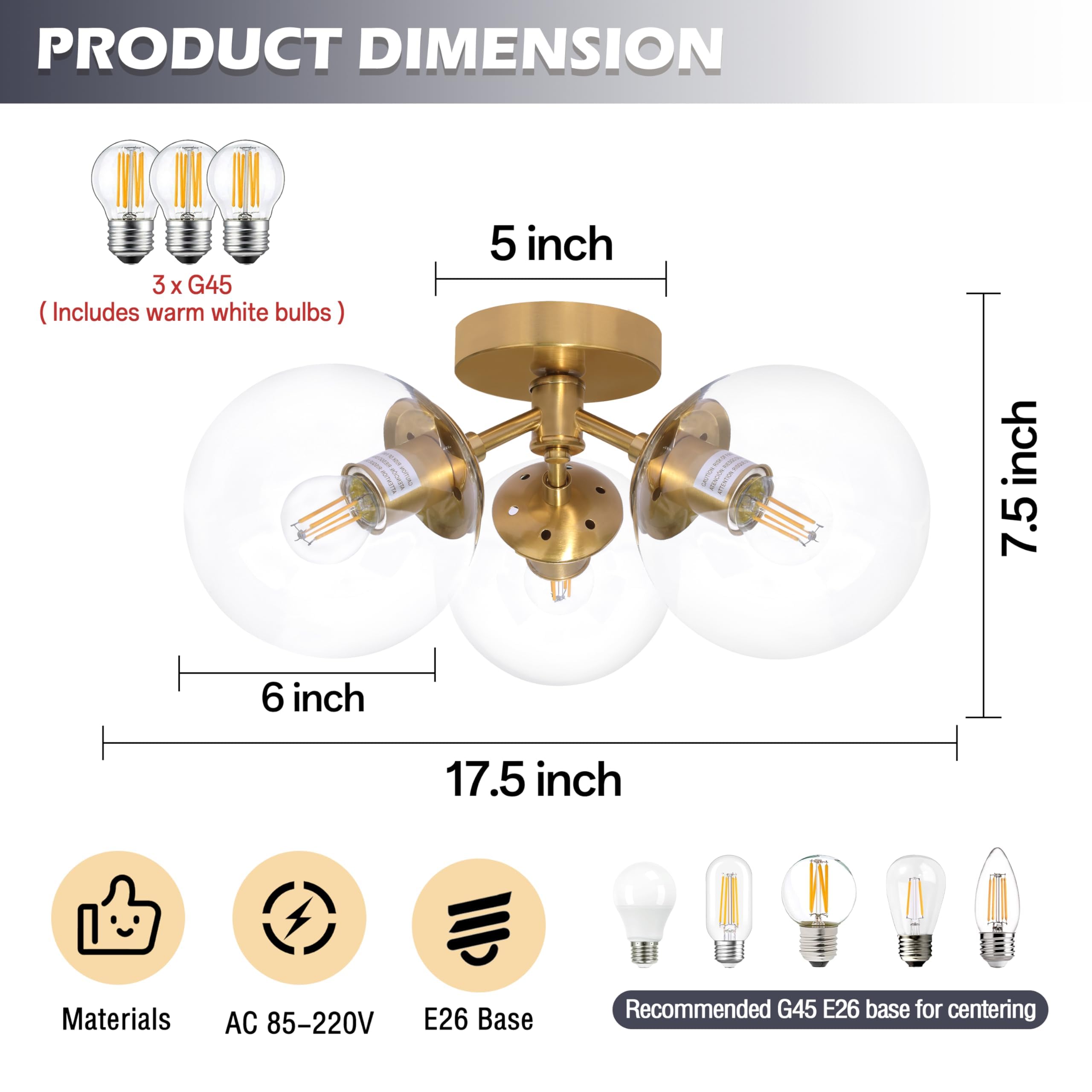 Bagood 3-Light Modern Gold Semi Flush Mount Ceiling Lights Clear Glass Globe Ceiling Lights Mid Century Brass Chandelier Modern