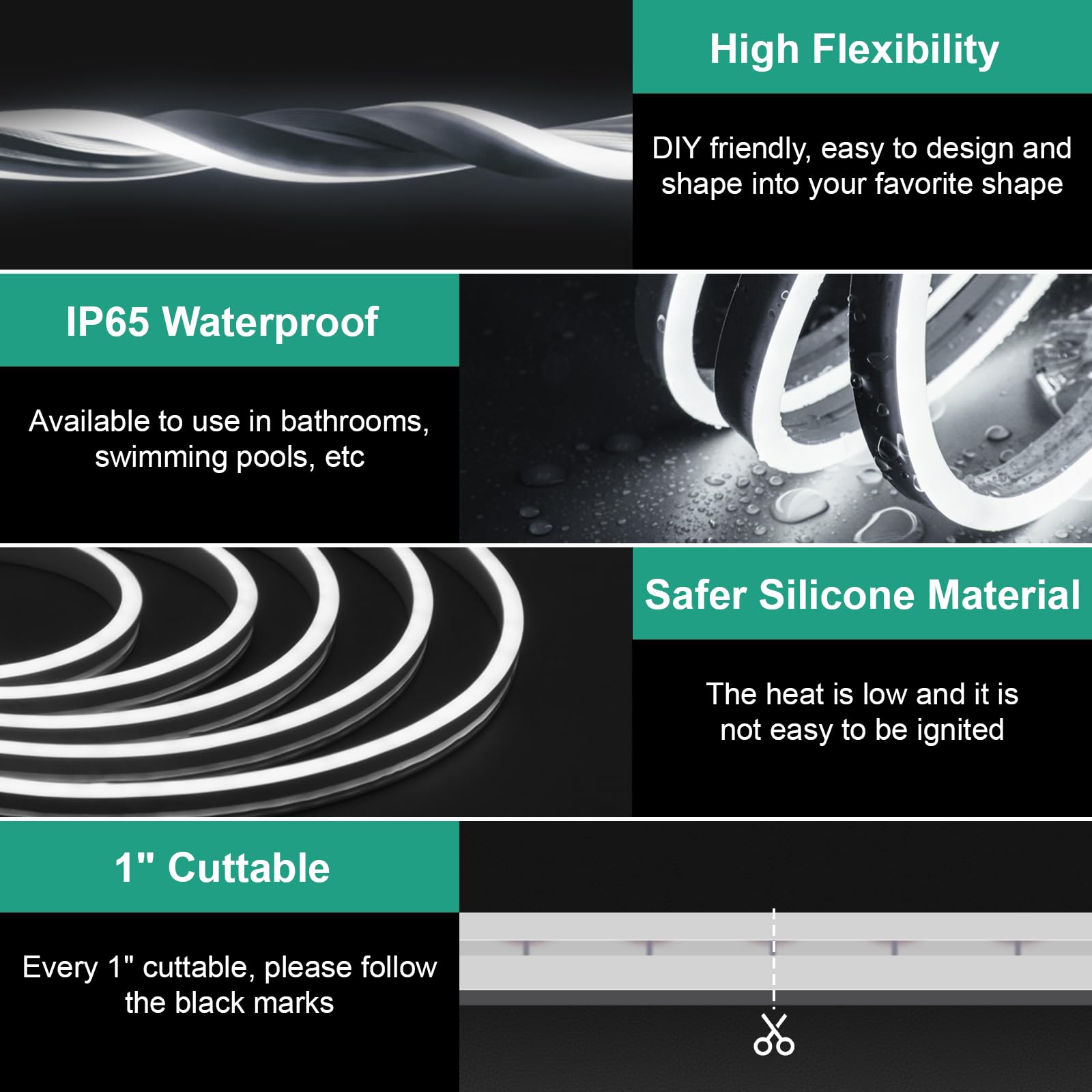 Lucienstar Neon Led Strip Lights, 12V Dc 600 Smd2835 16.4Ft/5M Ip65 Waterproof Dimmable Flexible Silicone Light Strip For Indoors, Outdoors, Bar, Atmosphere Decor (Cold White With Power Adapter)