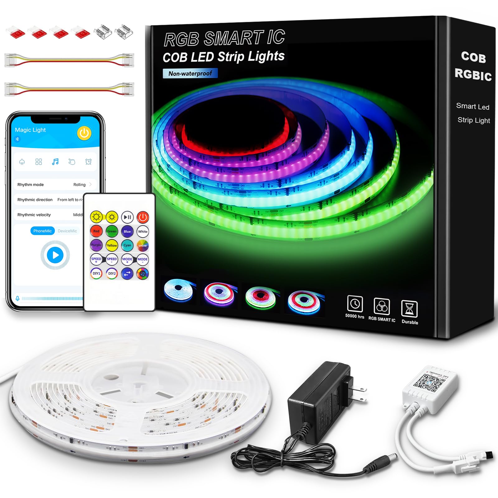 GUPUP 16.4ft COB RGB Smart IC LED Strip Lights,Addressable Color Chasing Strip Light, 24V 2880 LEDs Multicolor Flexible Tape Lig