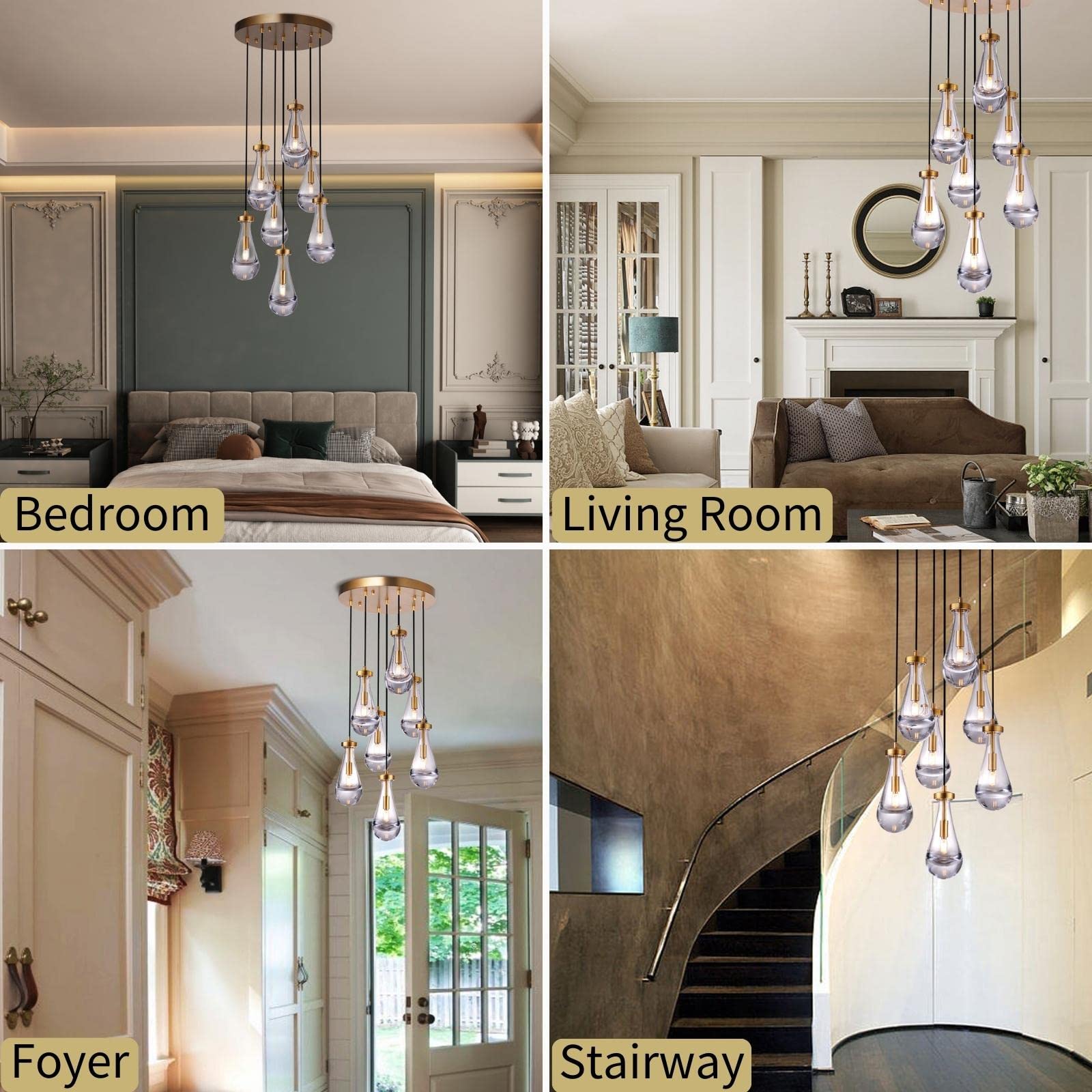 Joyunleo 7 Light Raindrop Chandeliers  Brass Teardrop Cluster Pendant Lights Kitchen Island  Gold Dining Room Chandeliers Over Table Hanging Pendant Lighting For High Ceiling  Entryway Staircase