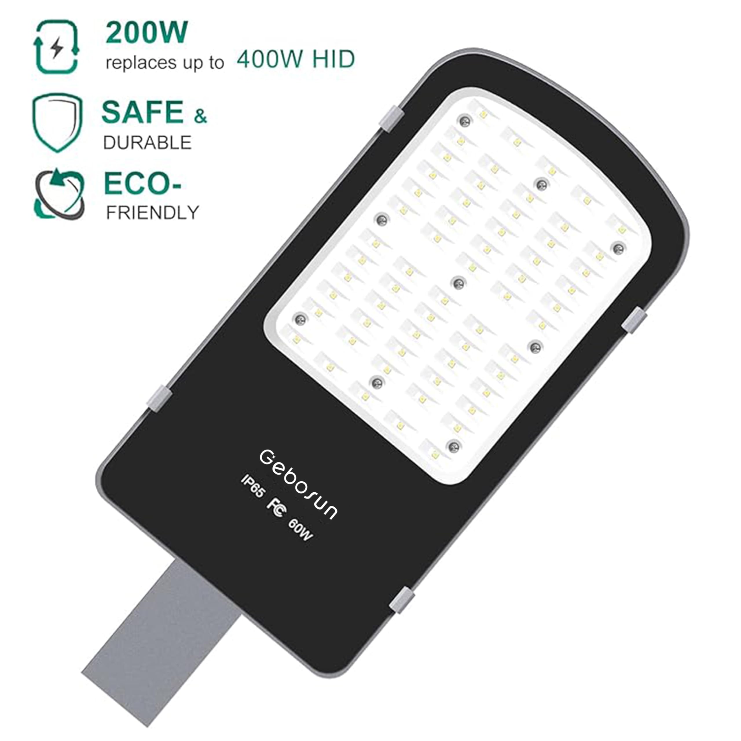 Gebosun 200W Ac Powered Street Light & Flood Light, With Optic Sensor, Dusk To Dawn, 9,600 Lumen, 6,000K, Ip65 Waterproof, Wall-