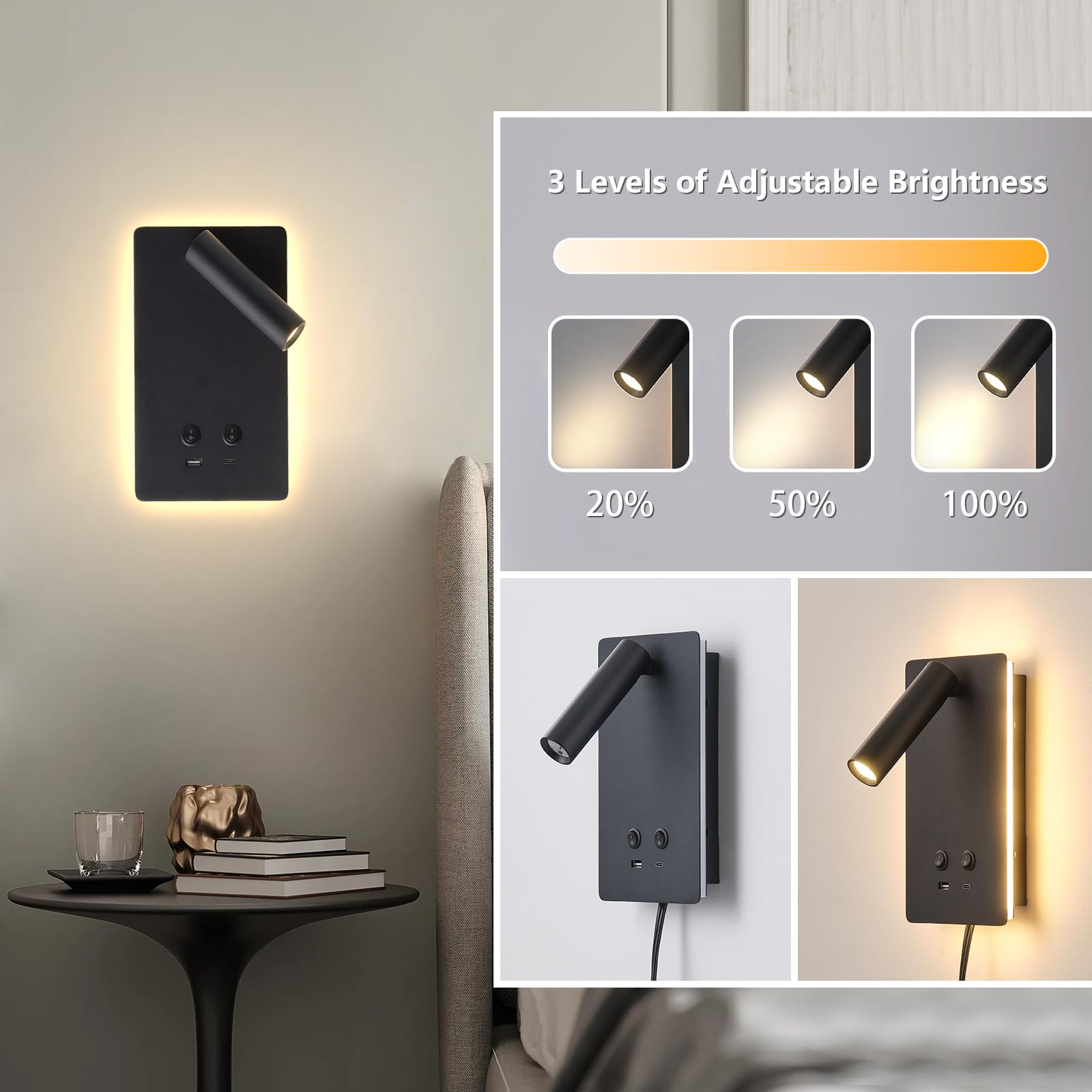 MOLUOLA LED Wall Mounted Reading Lights, Dimmable 3 Brightness, USB C+A Ports, Black, 2 Pack, Aluminum, Model S07G