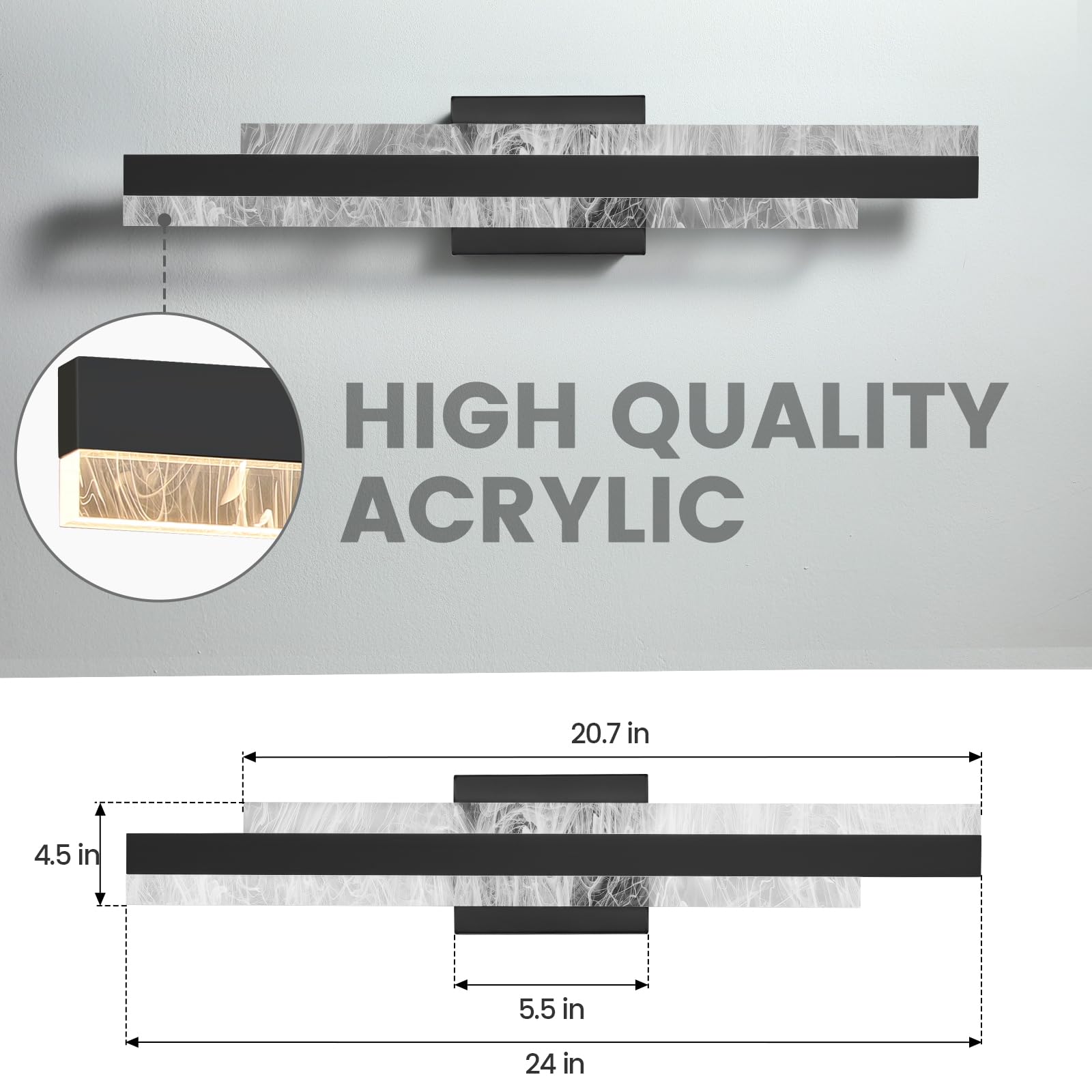 Hahzt Modern Bathroom Vanity Light: Matte Black 24 Inch 28W Dimmable Led Bath Bar Light Fixtures Over Mirror - Wall Sconce Picture Lights For Paintings Cabinets Bedroom 3000K