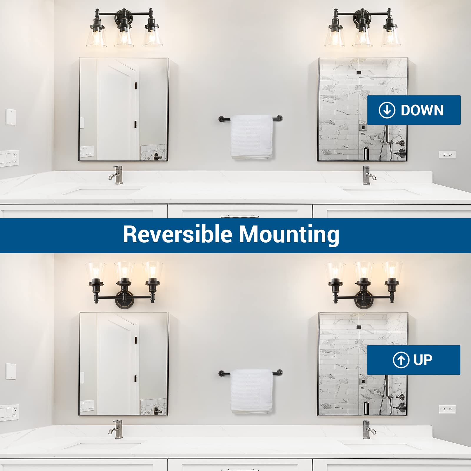 DEWENWILS Bathroom Vanity Light Fixtures, 5-Piece Set, 3-Light Sconce, Glass Shade, Black, Model HHVL01D