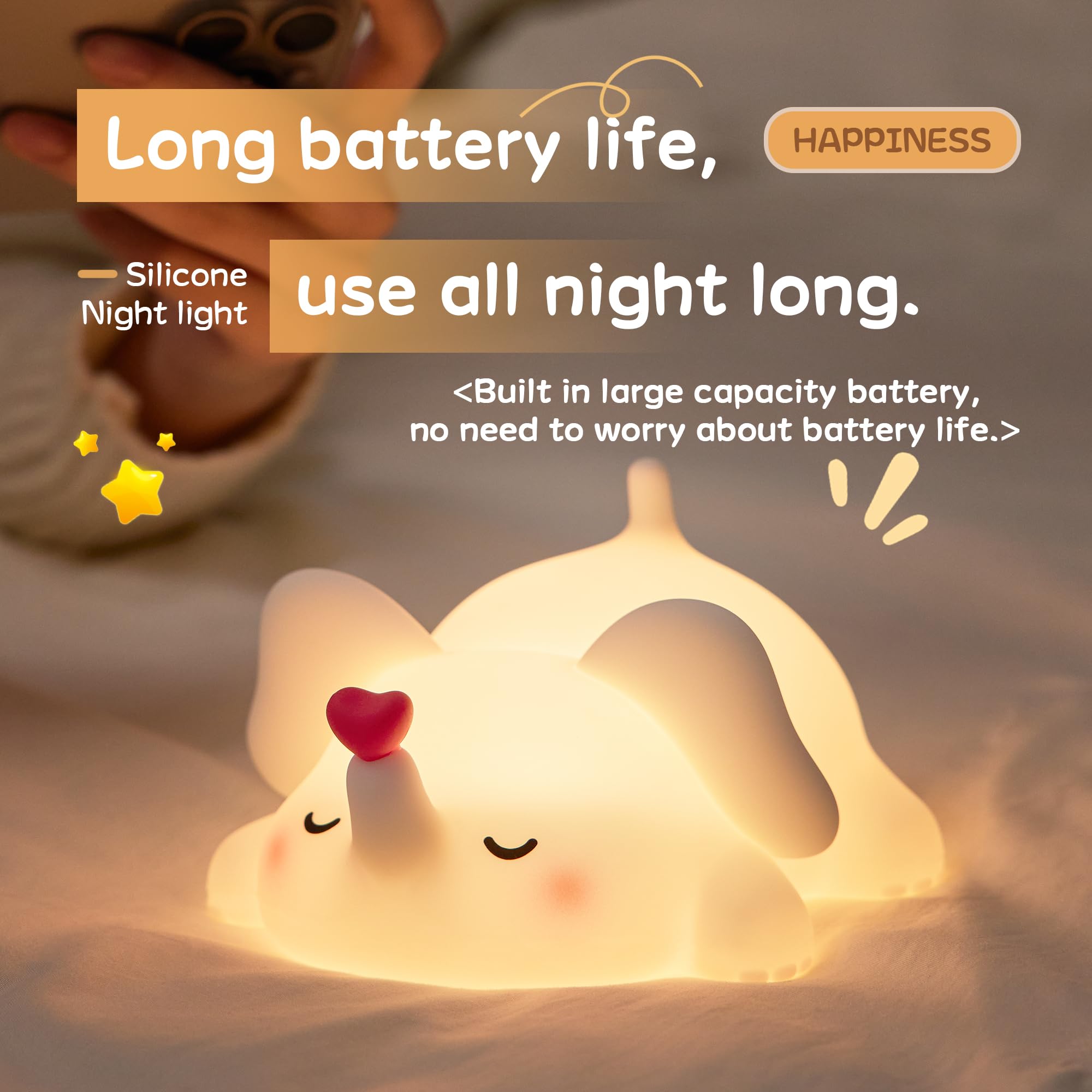 Icotoibabie LED Night Light - Cute Love Elephant, Dimmable, Rechargeable, Small, Silicone, Warm Brightness, Model A033, White Color