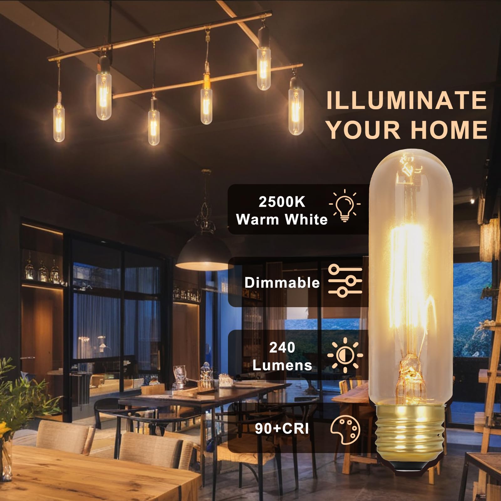 MMBGJKG 40W T10 Clear Tubular Incandescent Light Bulbs, Vintage Style, Dimmable, 4PC Set, Perfect for Desk Lamps & Chandeliers, White