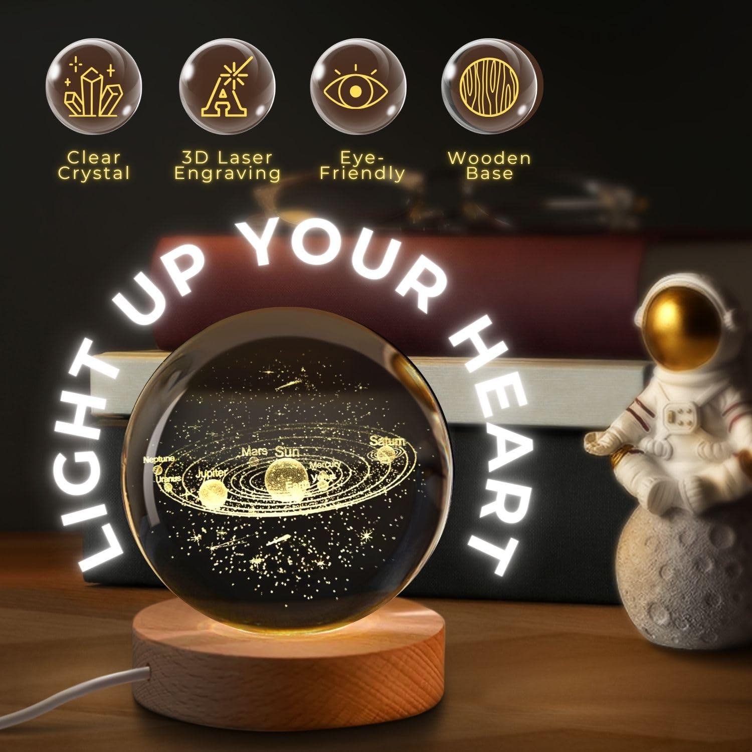 Flexzion 3D Solar System Crystal Ball Night Light - LED Lamp, 2.4" Blue Hologram, USB Powered, Adjustable Brightness for Home Decor