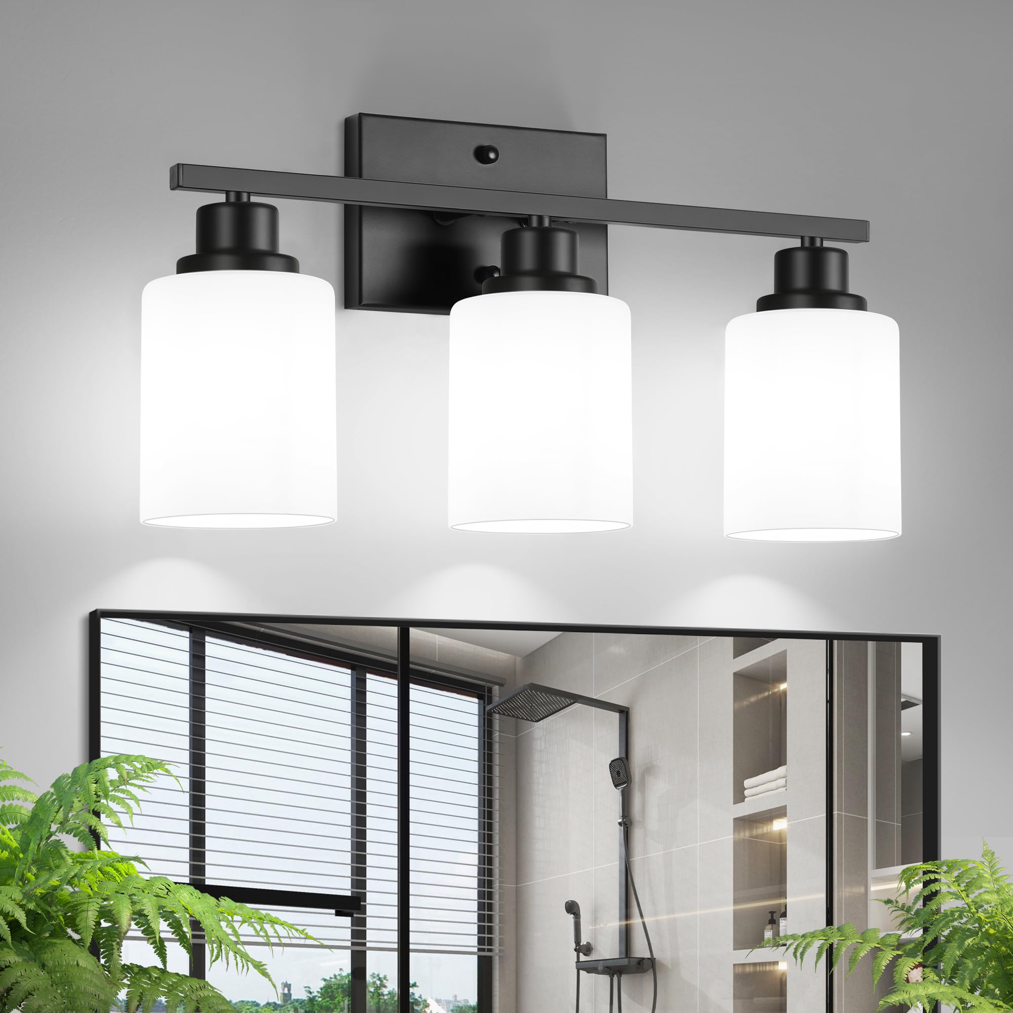 Ascher Bathroom Light Fixtures  3-Light Vanity Light Over Mirror  Black Wall Sconces with Milky White Frosted Glass Shades  Wall Lamp for Living Room Bedroom  E26 Base(Bulbs Not Included)