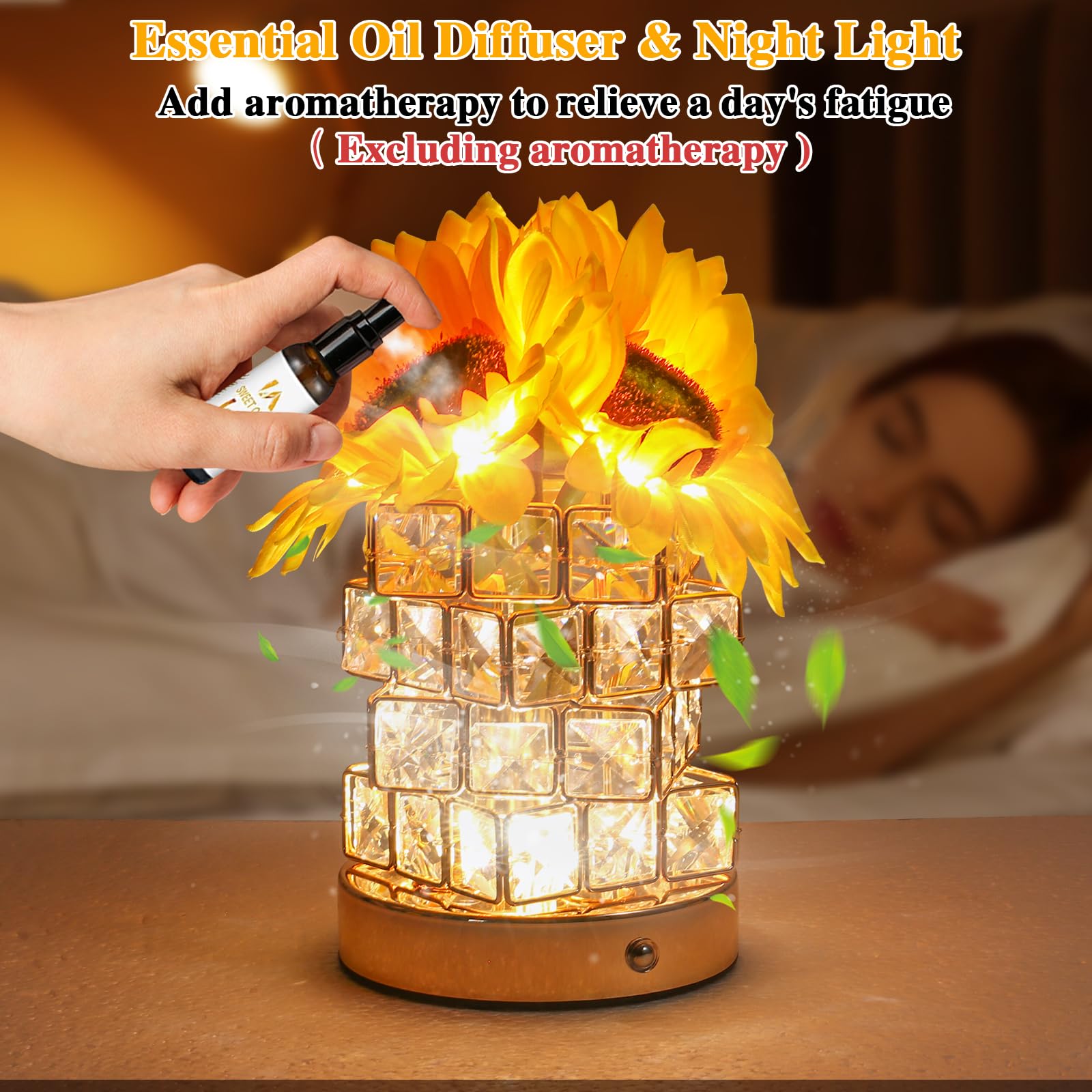 Birthday Gifts For Women/Mom Sunflower Cordless Table Lamp ,3 Color Crystal Lamps Touch Bedside Lamps Infinitely Dimming With Us