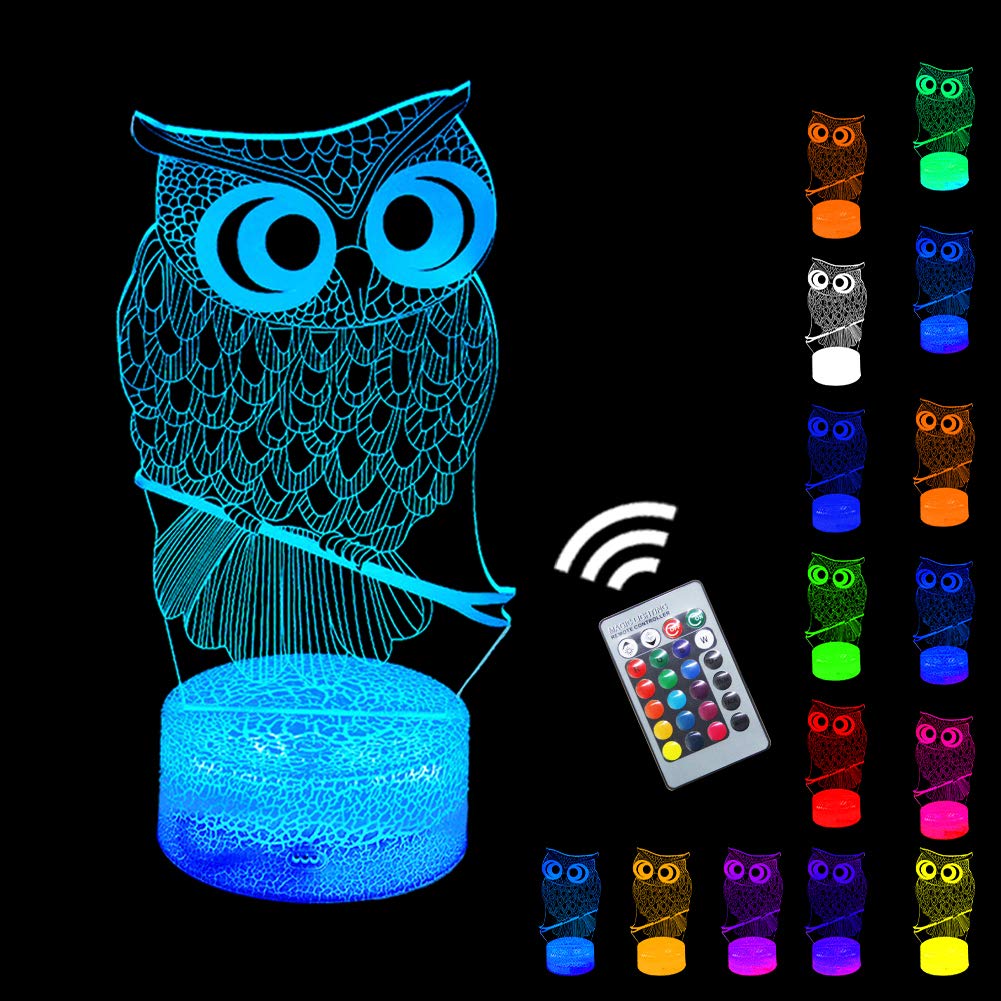 Lucky Owl Night Light For Kids, 3D Optical Illusion Night Lamp With Remote Control & 16 Color Changing Desk Table Lamp, Kids Roo