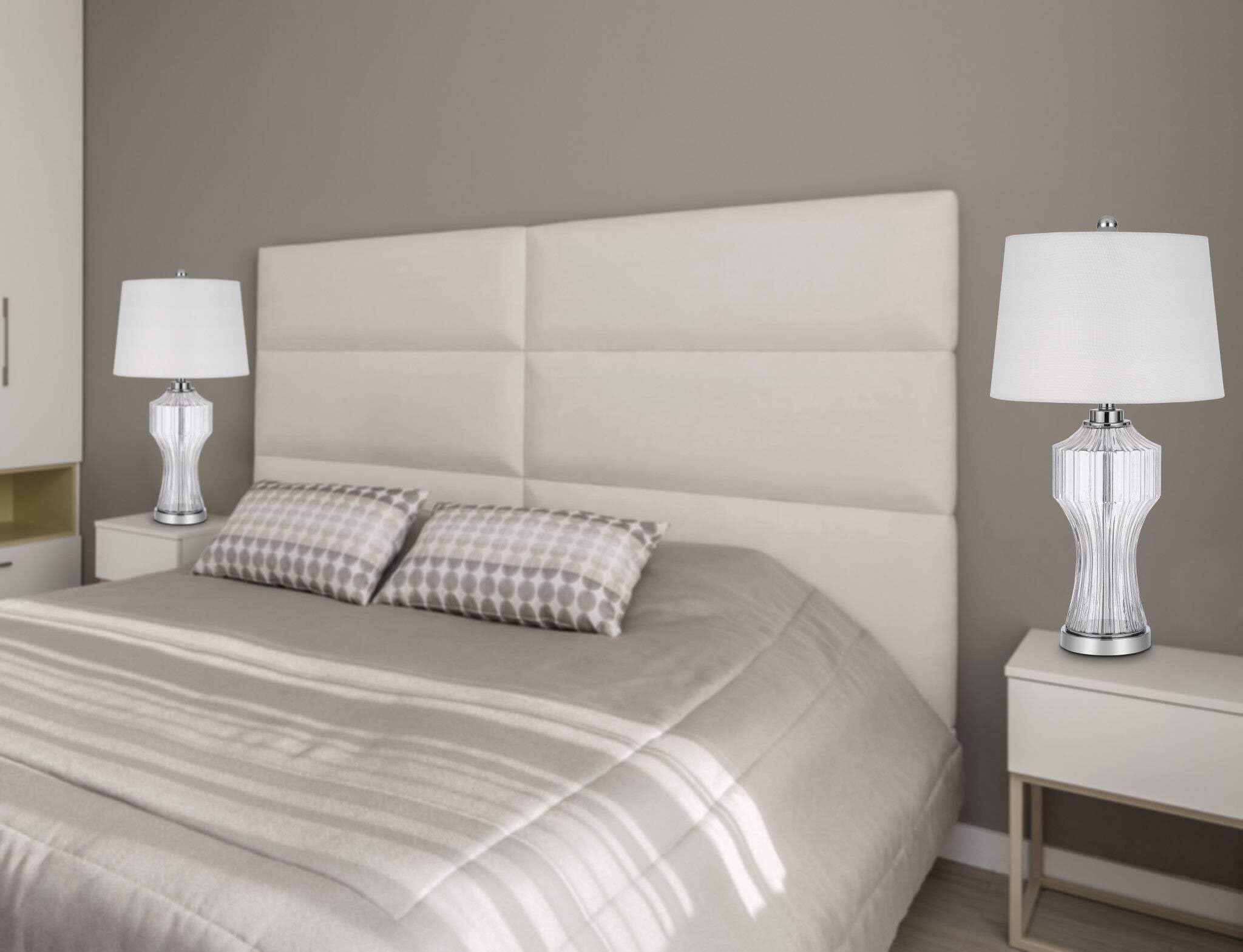 Homeroots Clear Glass Table Lamp, 26 In. With White Empire Shade, Model 524745