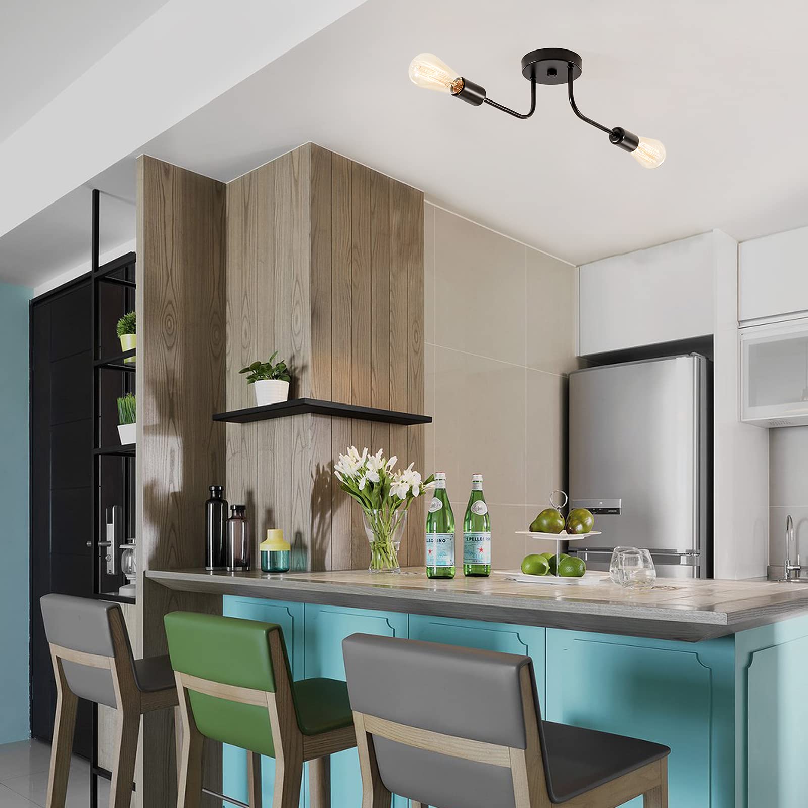 Industrial Semi Flush Mount Ceiling 2 Light With Adjustable Metal Branched Vintage Ceiling Light E26 Holder Black Painted For Ki